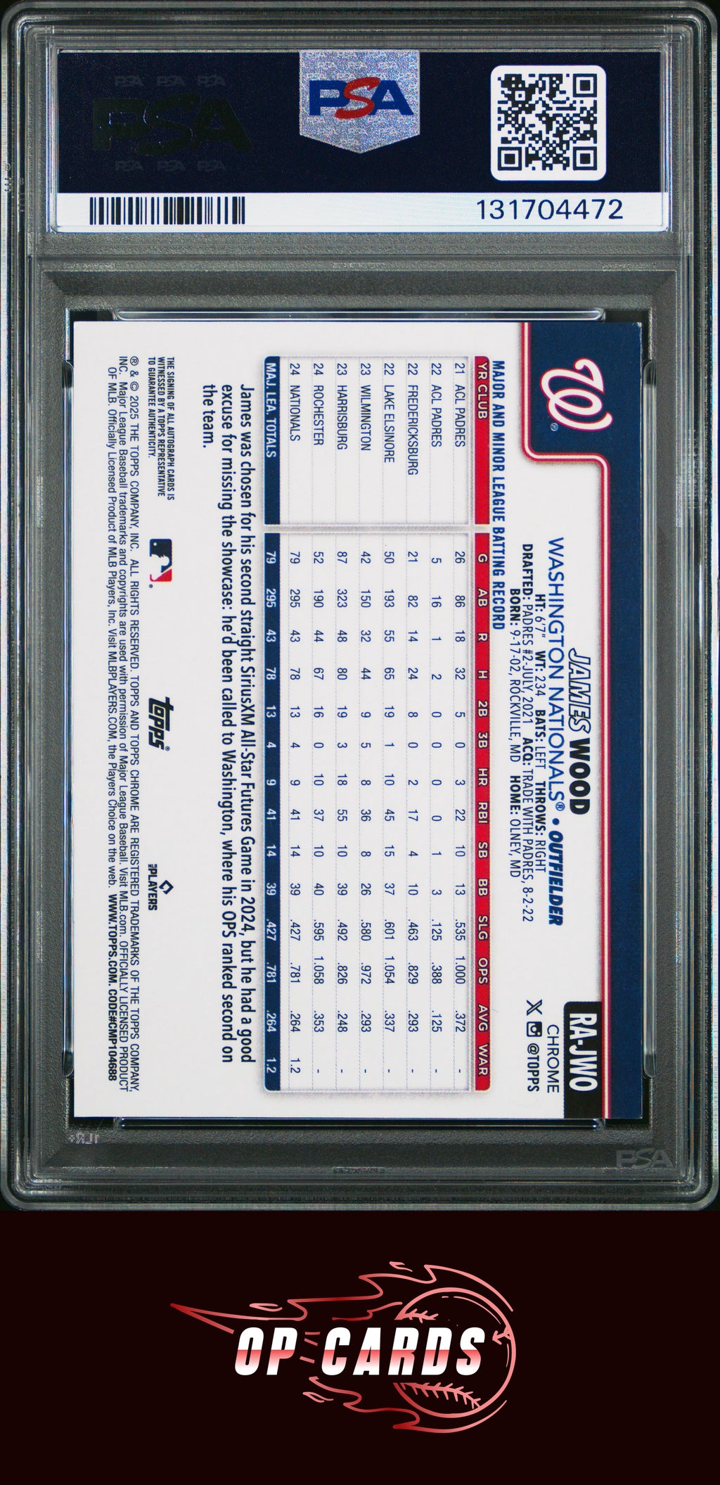 James Wood 2025 Topps Chrome Rookie Autograph Aqua Wave Refractor /199 PSA 8