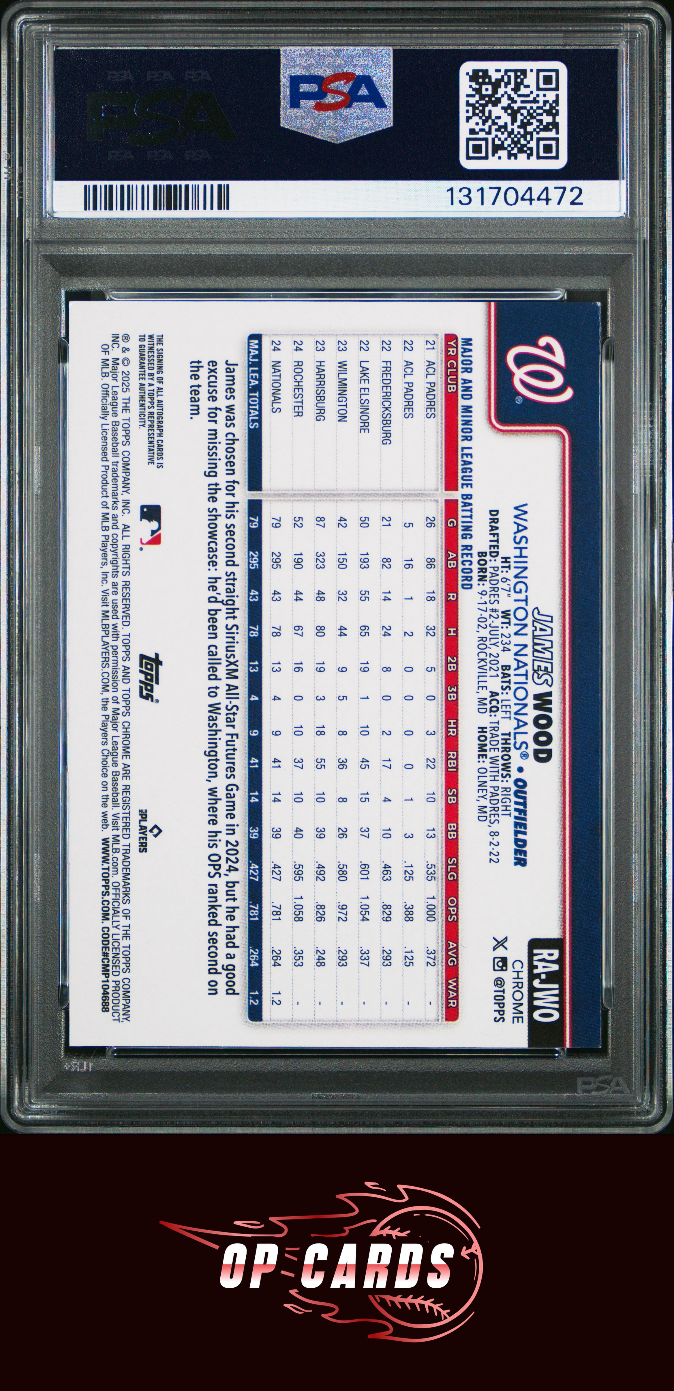 James Wood 2025 Topps Chrome Rookie Autograph Aqua Wave Refractor /199 PSA 8