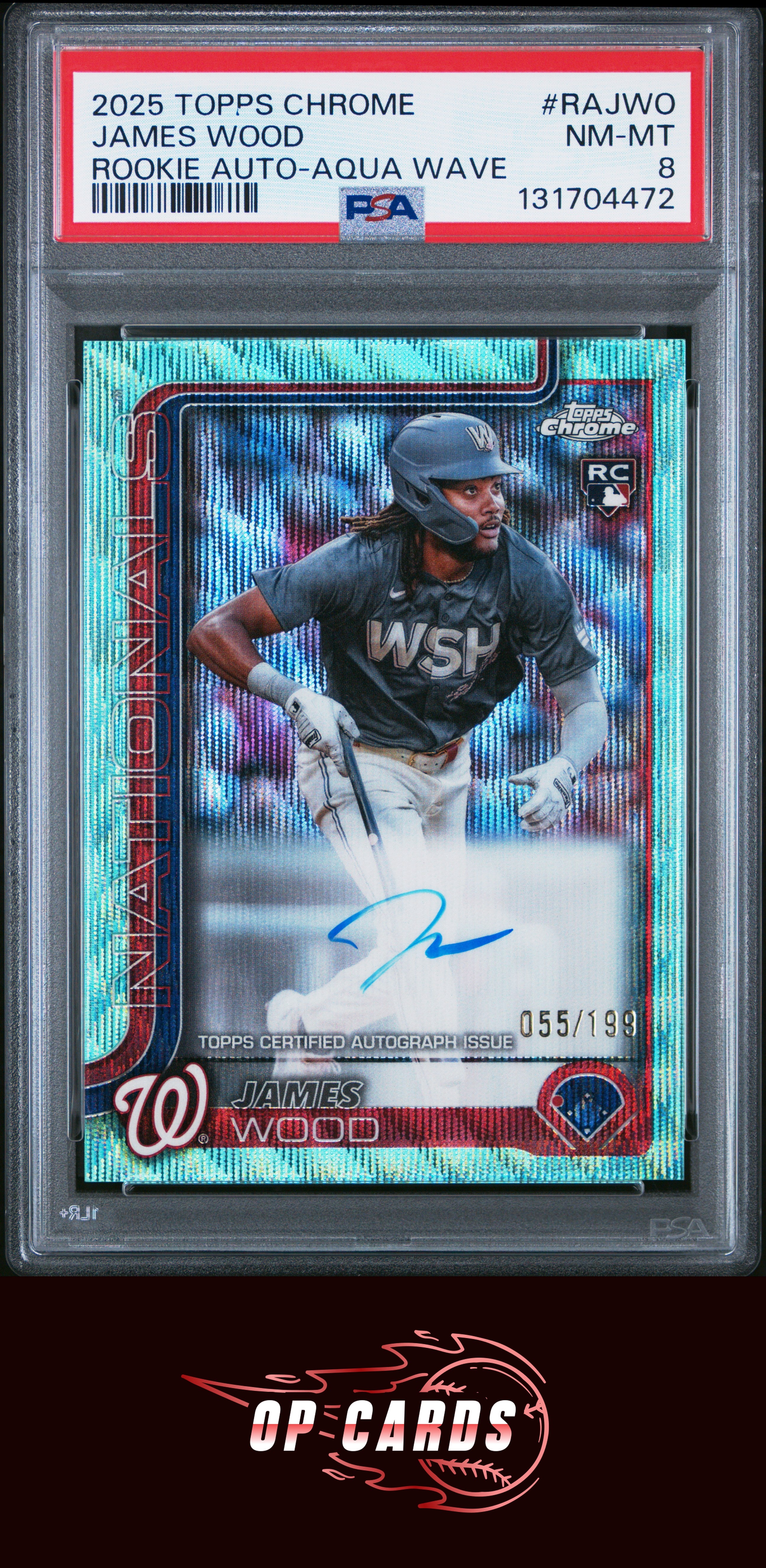 James Wood 2025 Topps Chrome Rookie Autograph Aqua Wave Refractor /199 PSA 8