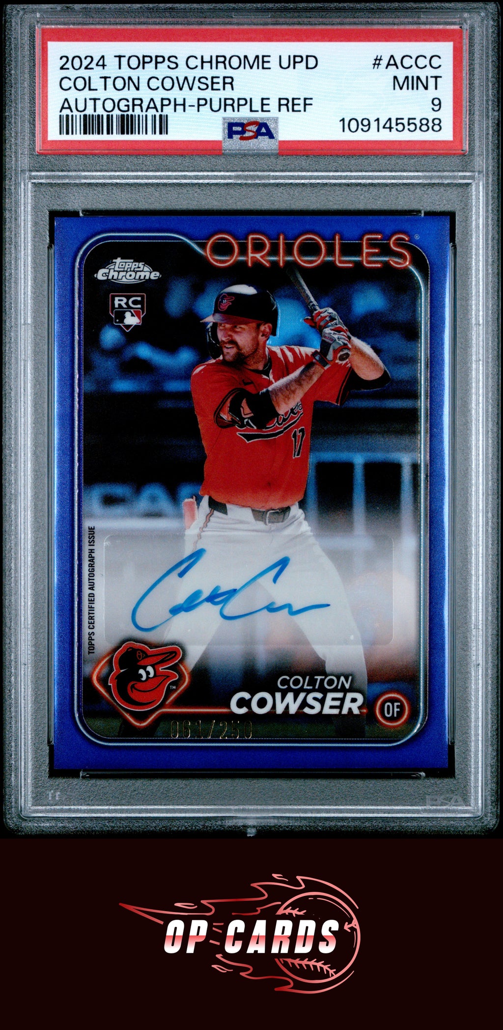 Colton Cowser 2024 Topps Chrome Update Autograph Purple Refractor /250 PSA 9