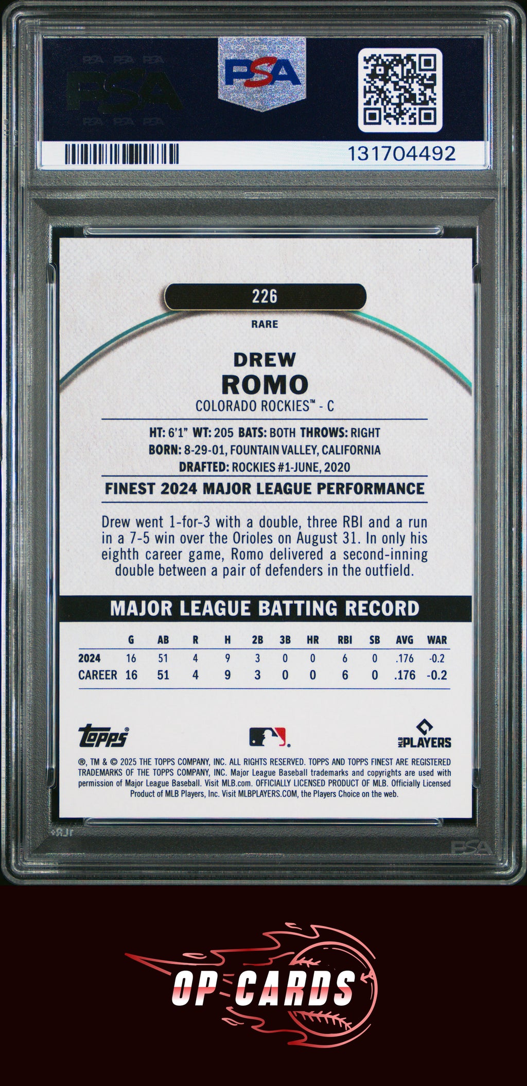 Drew Romo 2025 Topps Finest #226 Gold Refractor /20 PSA 10
