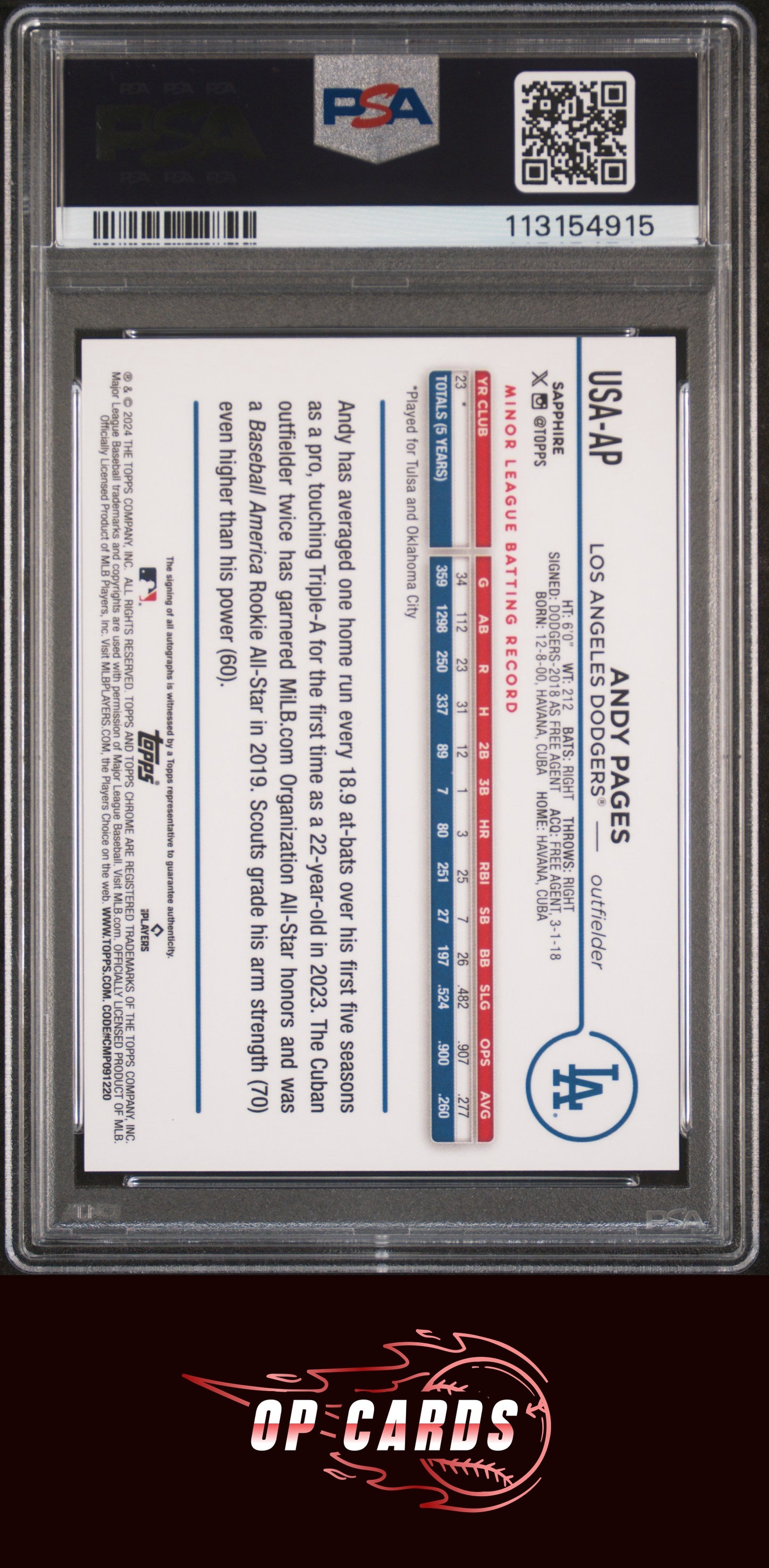 Andy Pages 2024 Topps Chrome Sapphire Update Autograph /199 PSA 10