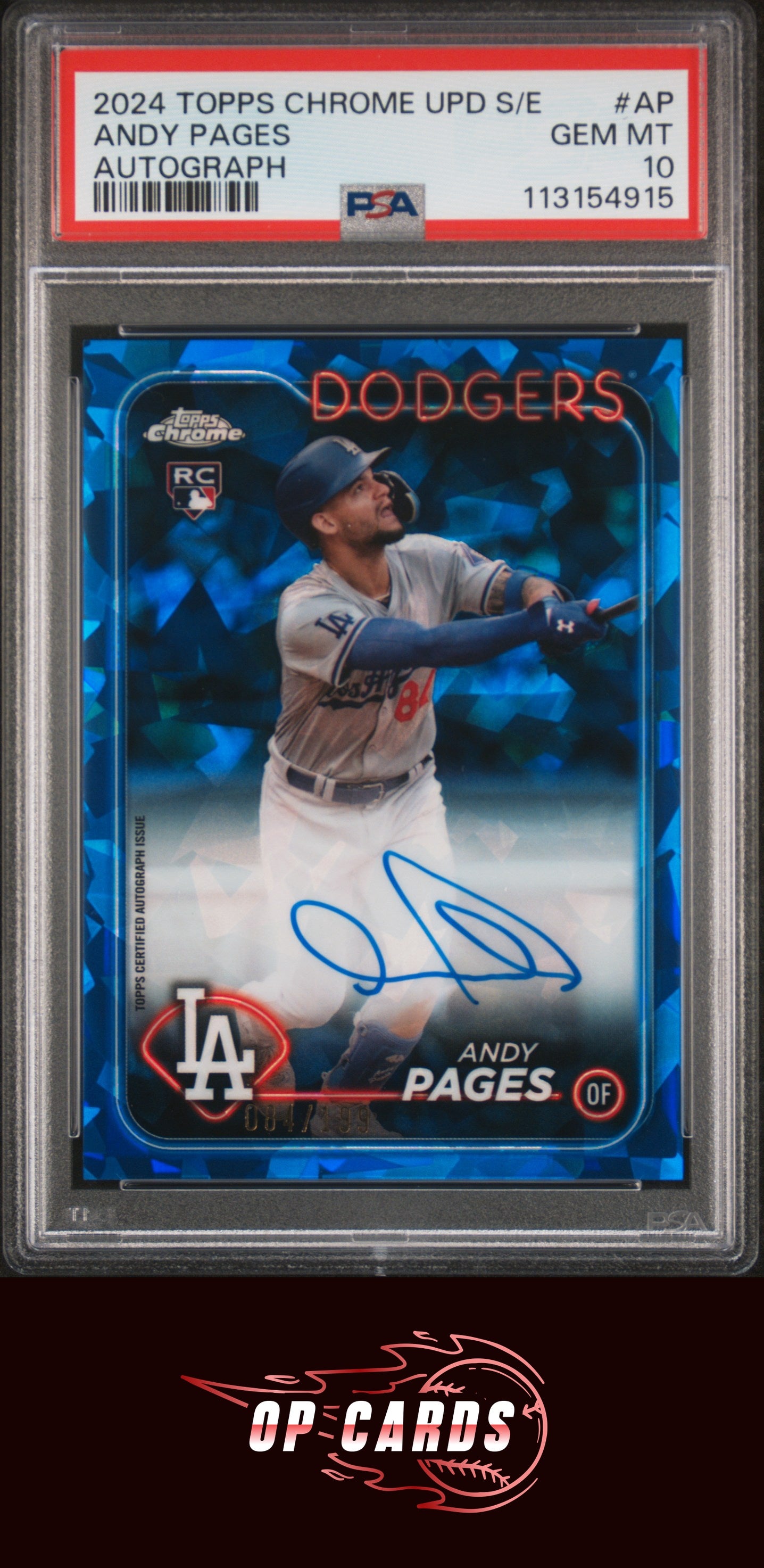 Andy Pages 2024 Topps Chrome Sapphire Update Autograph /199 PSA 10