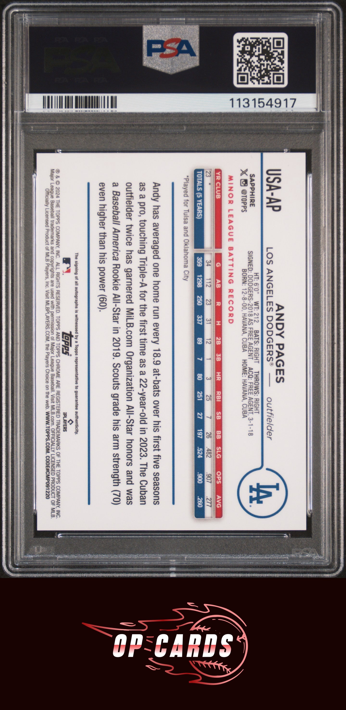 Andy Pages 2024 Topps Chrome Sapphire Autograph /199 PSA 9