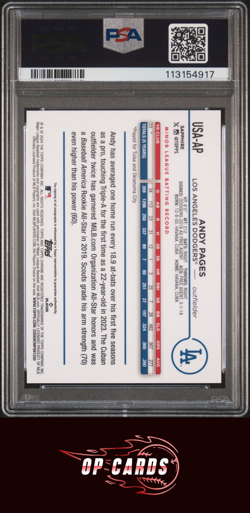 Andy Pages 2024 Topps Chrome Sapphire Autograph /199 PSA 9