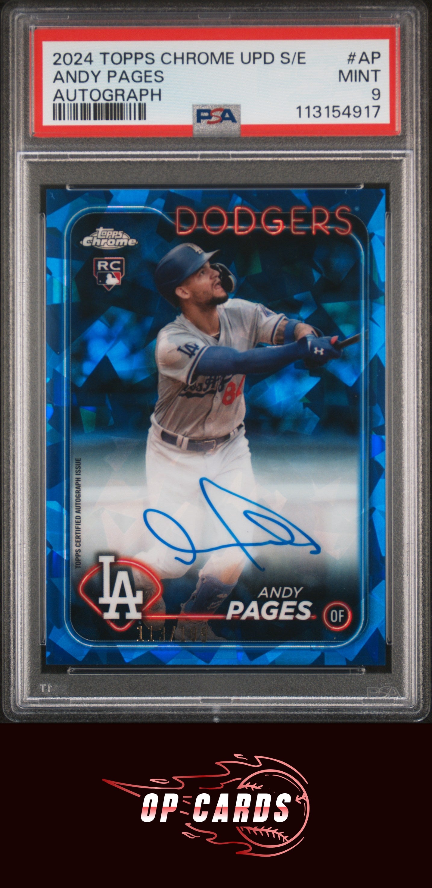 Andy Pages 2024 Topps Chrome Sapphire Autograph /199 PSA 9