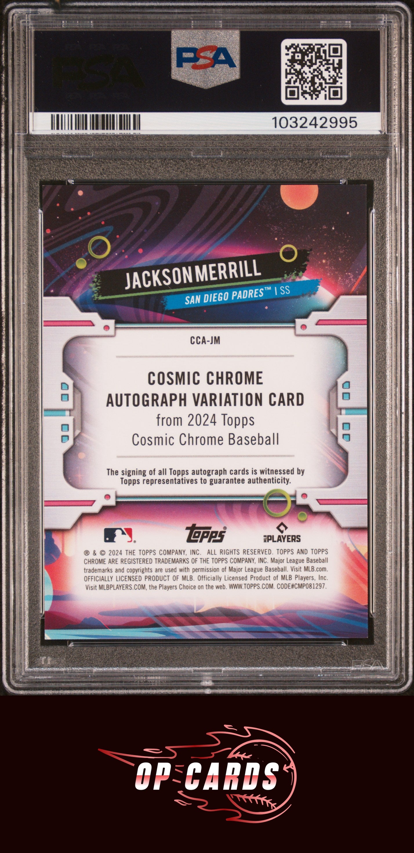 Jackson Merrill 2024 Topps Chrome Cosmic Autograph Black Eclipse /10 PSA 9