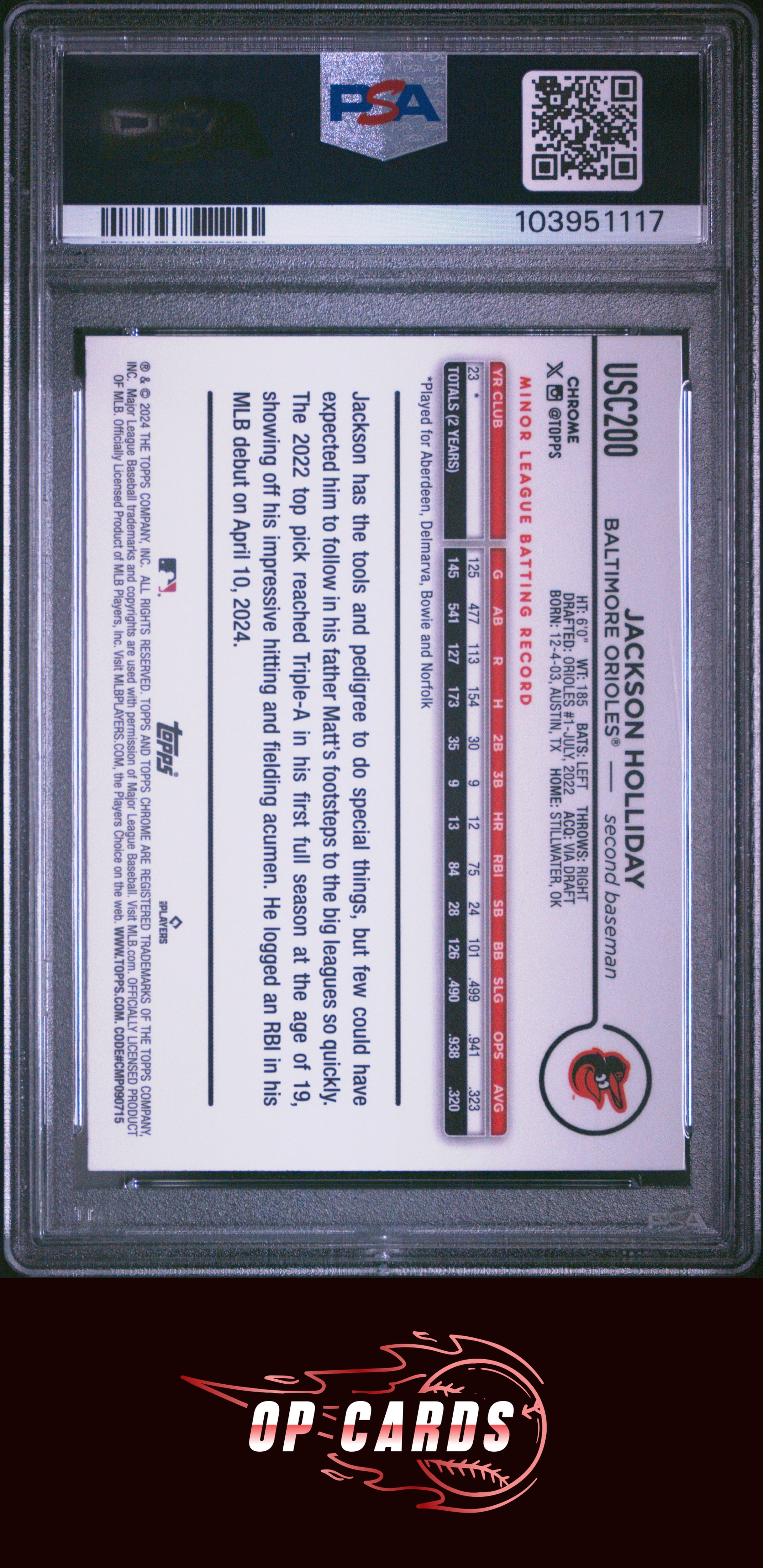 Jackson Holliday 2024 Topps Chrome Update #USC200 Magenta Refractor PSA 10