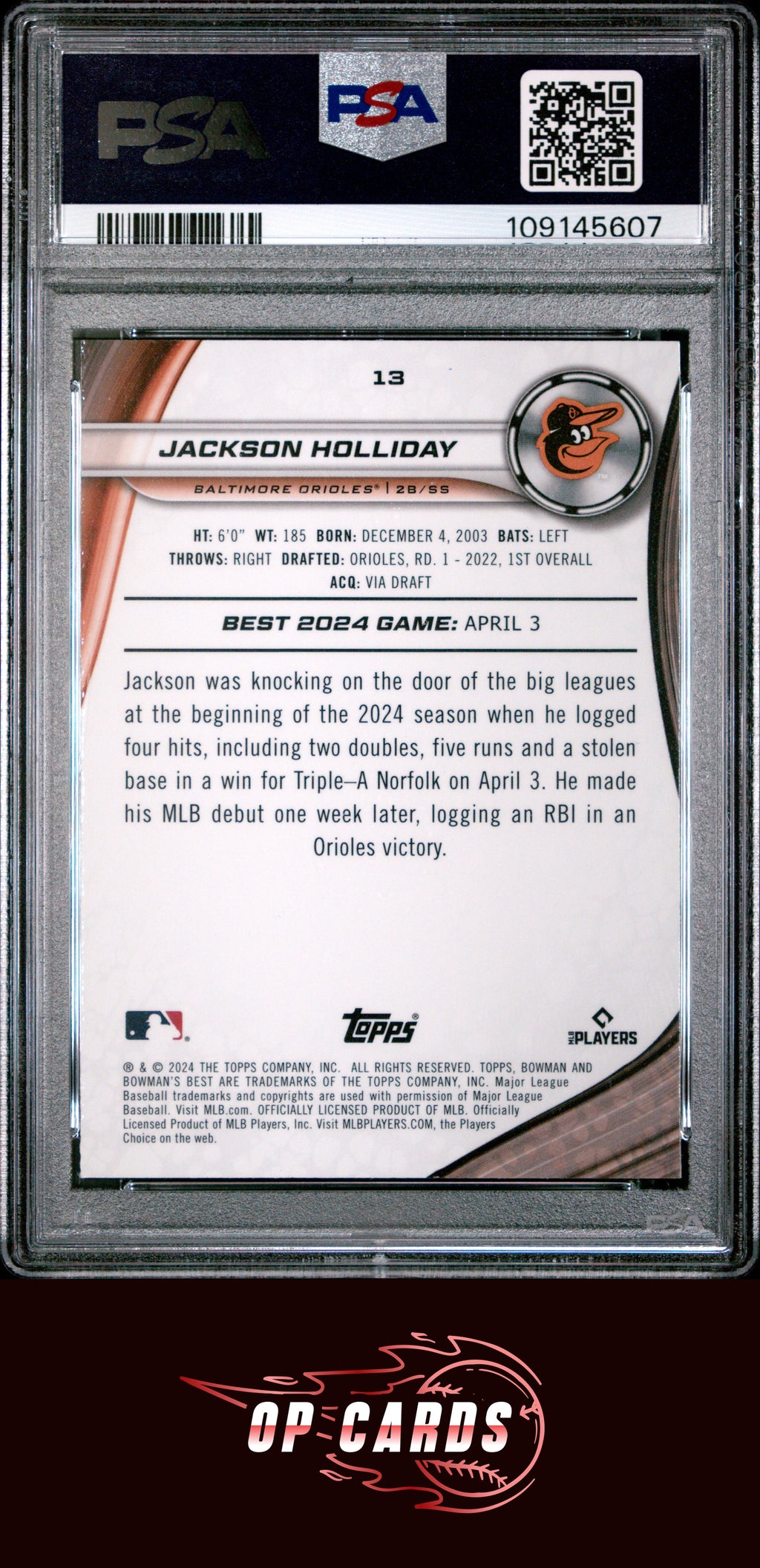 Jackson Holliday 2024 Bowman'S Best #13 Aqua Lava PSA 9