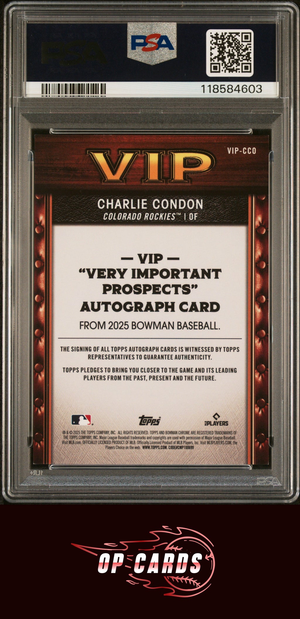 Charlie Condon 2025 Bowman Chrome VIP Autograph Orange Refractor /25 PSA 9