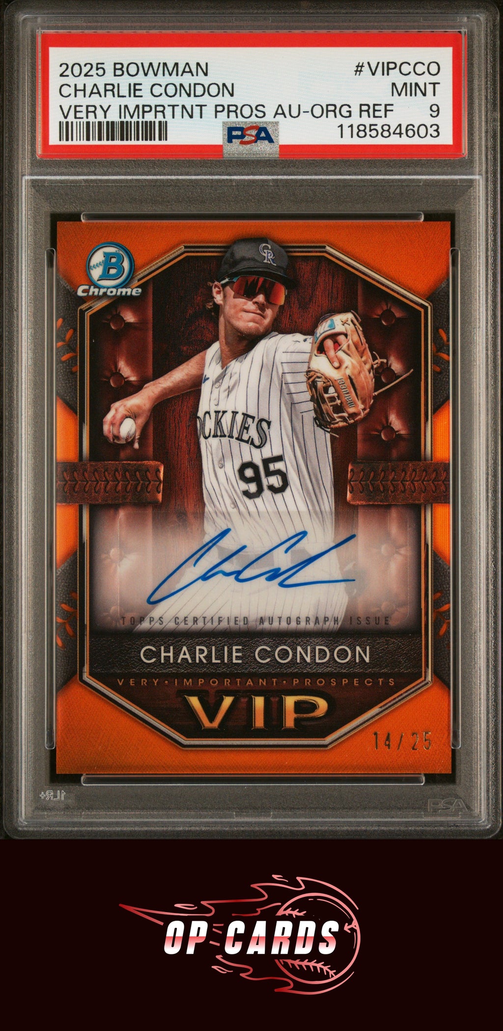 Charlie Condon 2025 Bowman Chrome VIP Autograph Orange Refractor /25 PSA 9