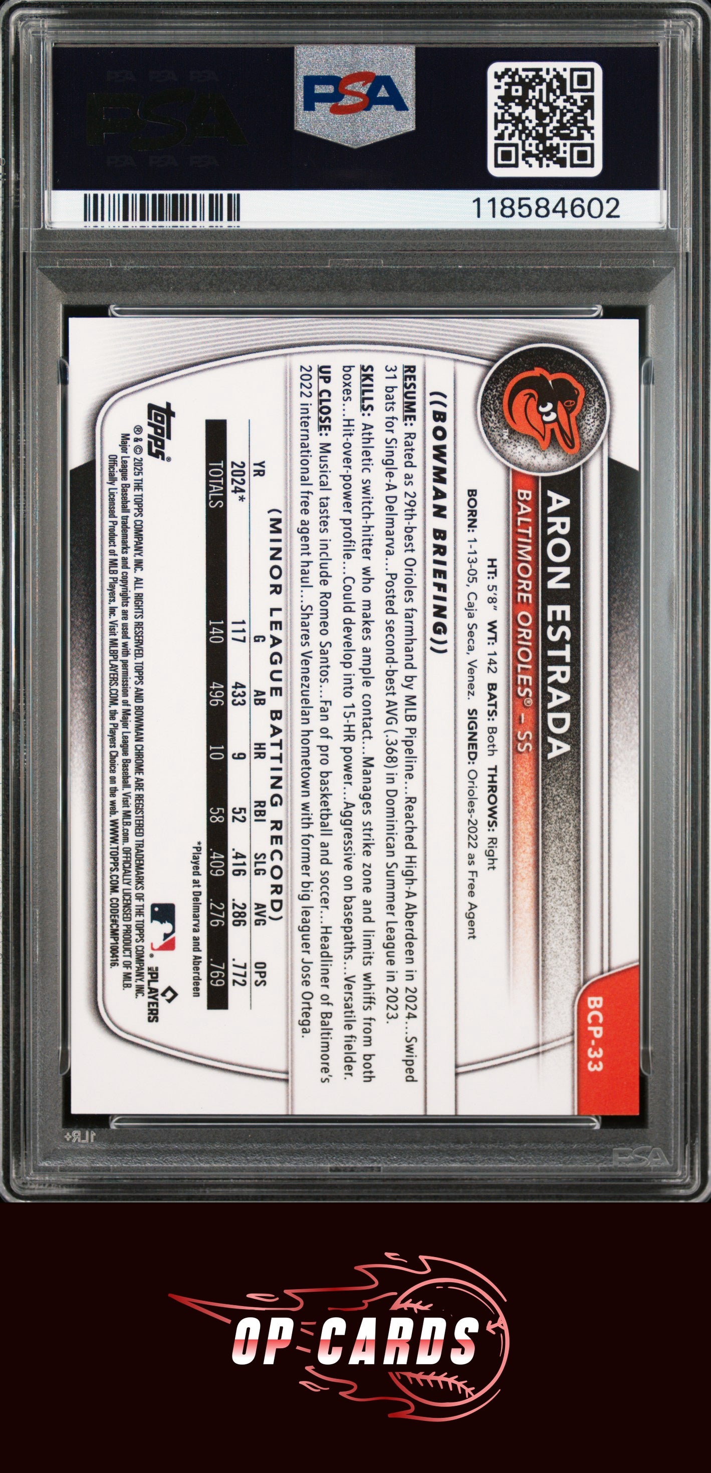 Aron Estrada 2025 Bowman Chrome Prospect Orange Reptilian Refractor /25 PSA 9