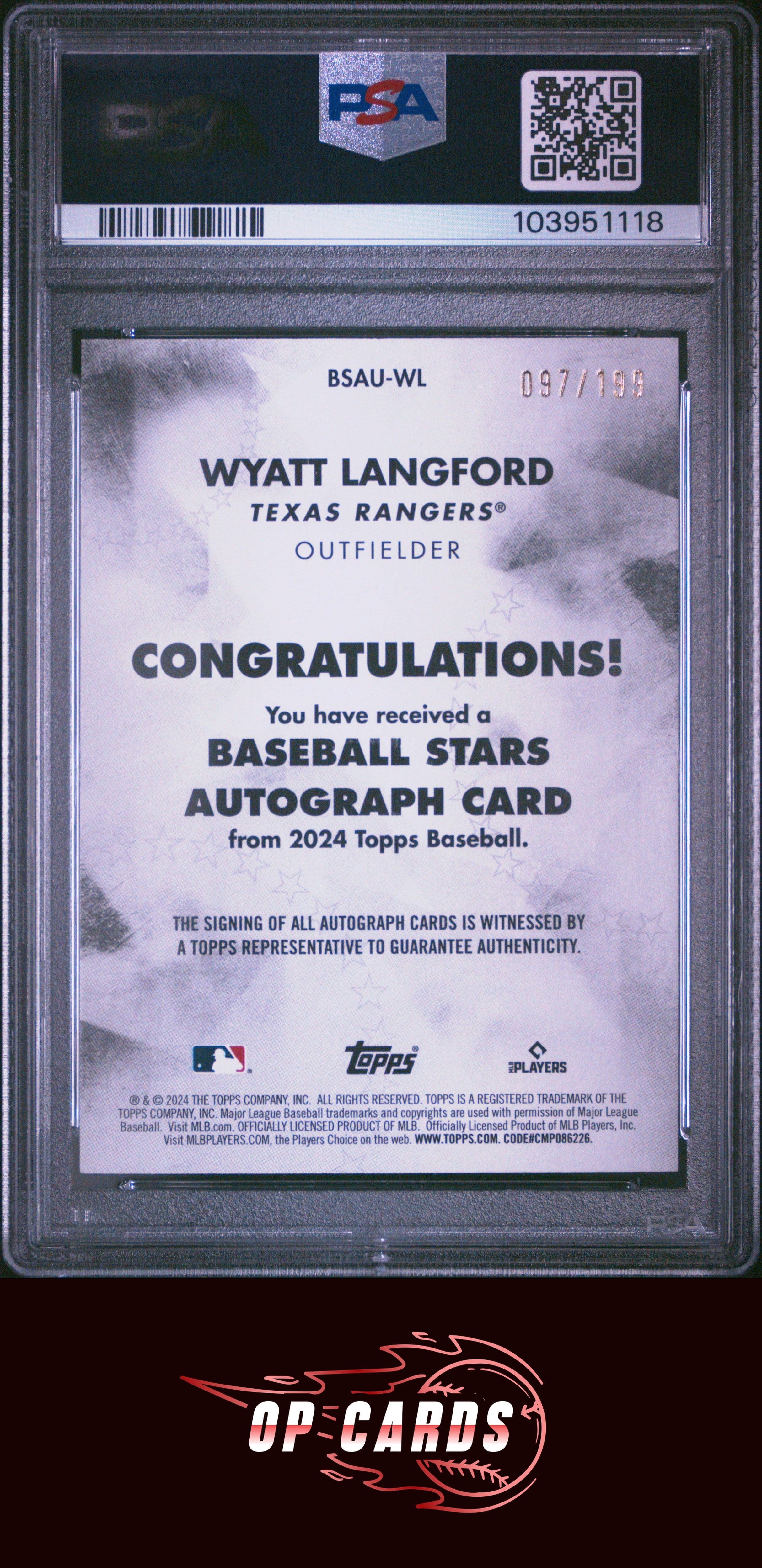 Wyatt Langford 2024 Topps Baseball Stars Autographs Black Refractor /199 PSA 9