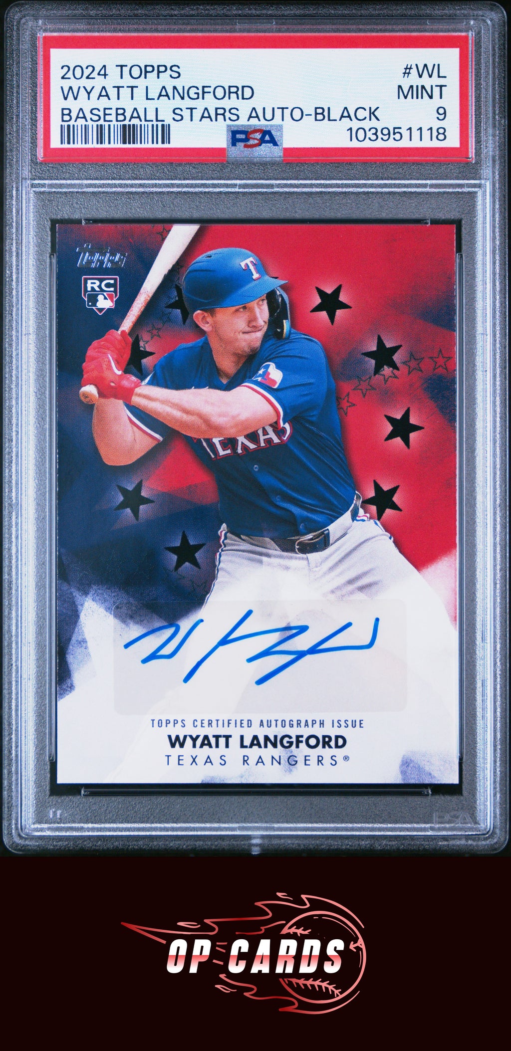 Wyatt Langford 2024 Topps Baseball Stars Autographs Black Refractor /199 PSA 9