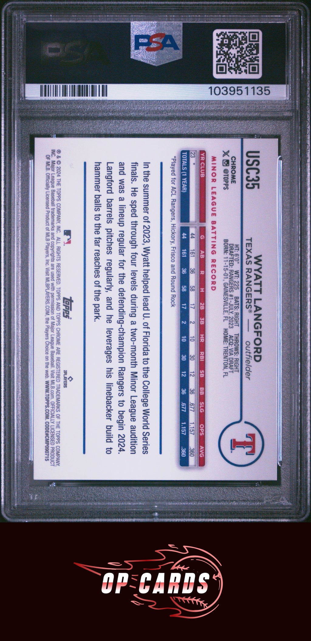 Wyatt Langford 2024 Topps Chrome Update Orange Black Lava Refractor /15 PSA 9