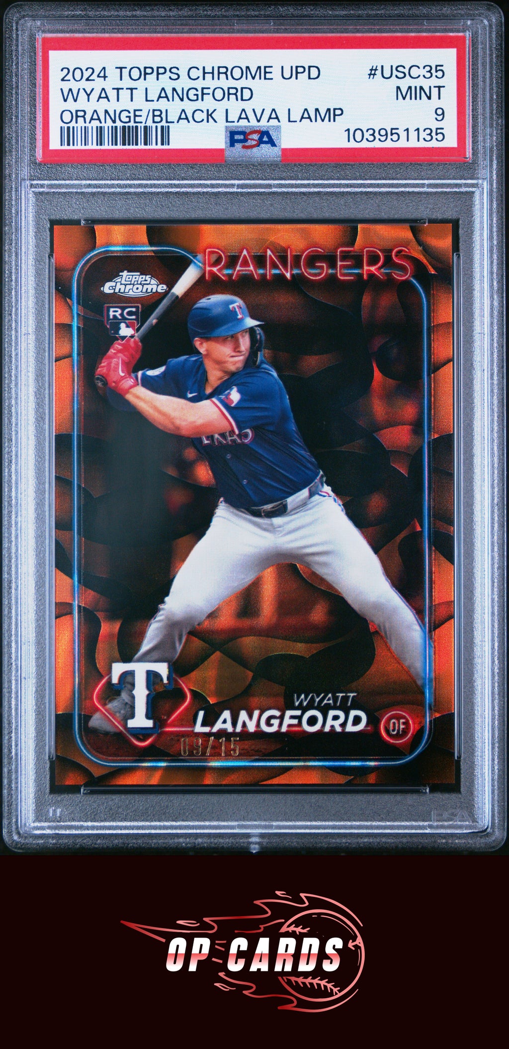 Wyatt Langford 2024 Topps Chrome Update Orange Black Lava Refractor /15 PSA 9