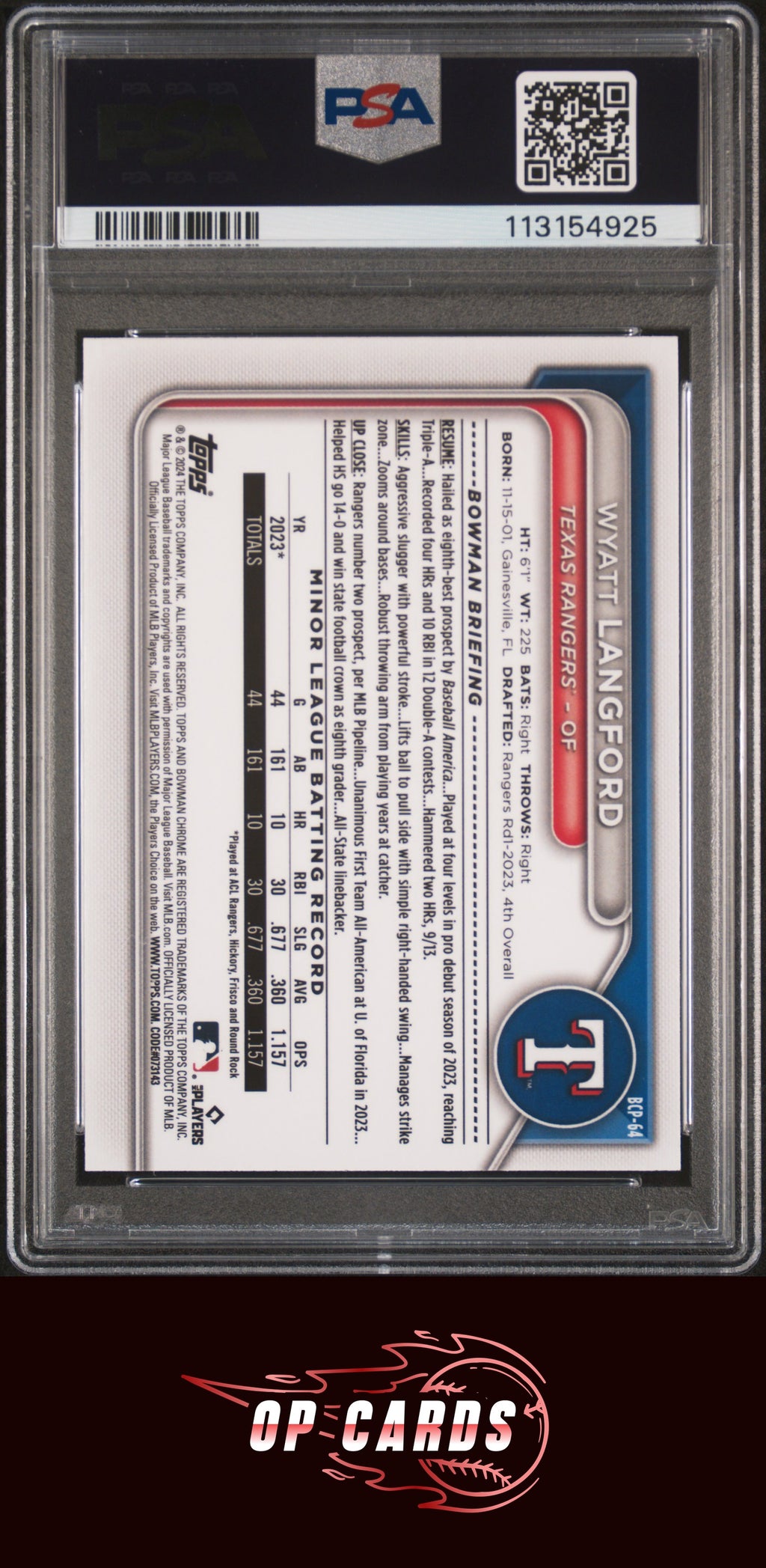 Wyatt Langford 2024 Bowman Chrome Prospects Gold Refractor /50 PSA 10