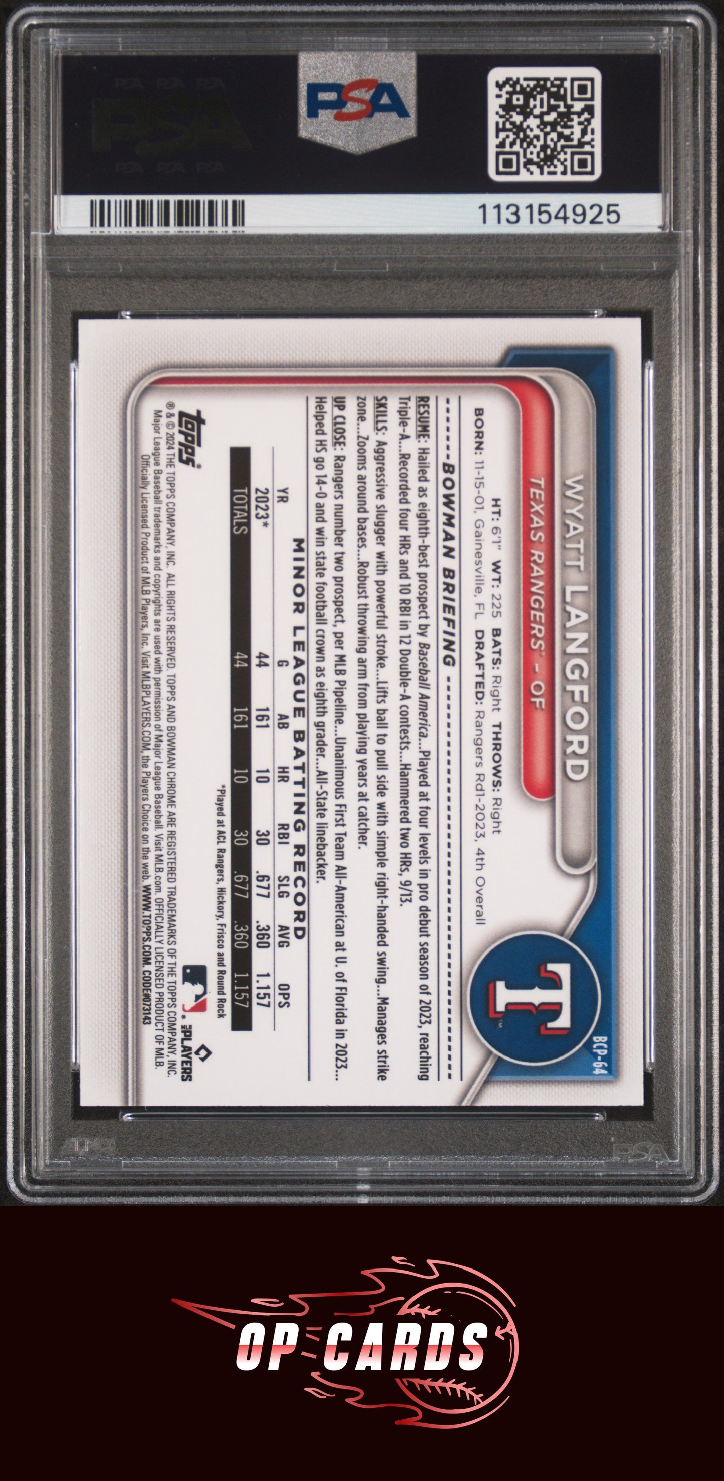 Wyatt Langford 2024 Bowman Chrome Prospects Gold Refractor /50 PSA 10