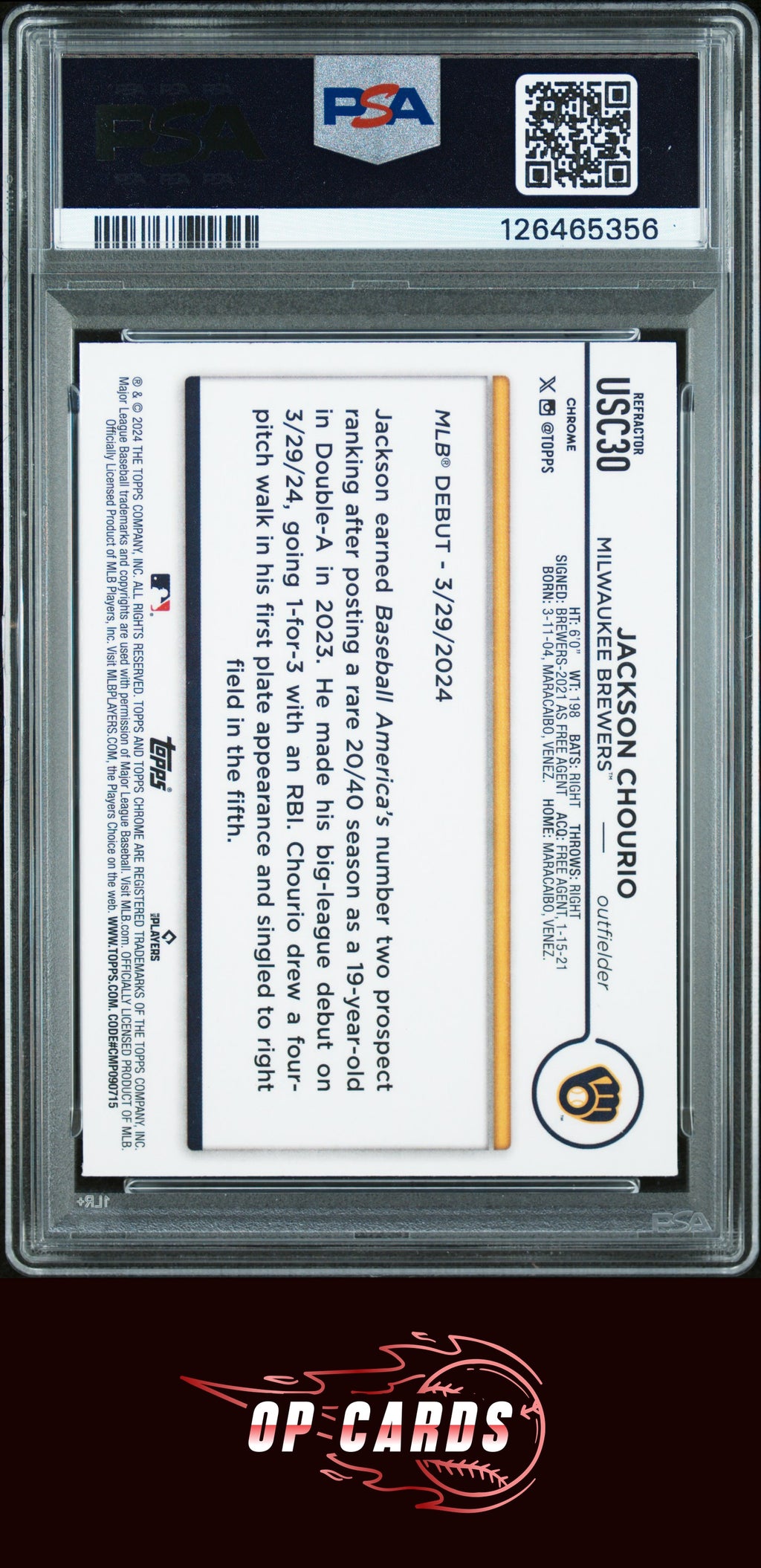 Jackson Chourio 2024 Topps Chrome Update #USC30 Prism Refractor PSA 10