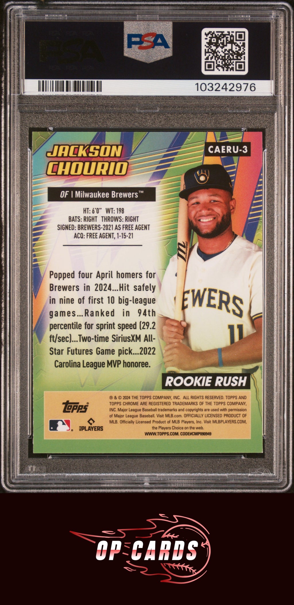 Jackson Chourio 2024 Topps Chrome Update Chrome All-Etch Rookie Rush #3 PSA 10