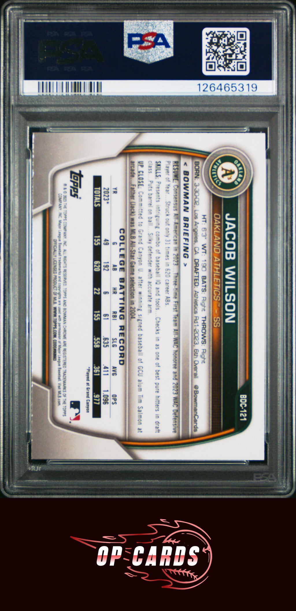 Jacob Wilson 2023 Bowman Draft #BDC121 Chrome PSA 10