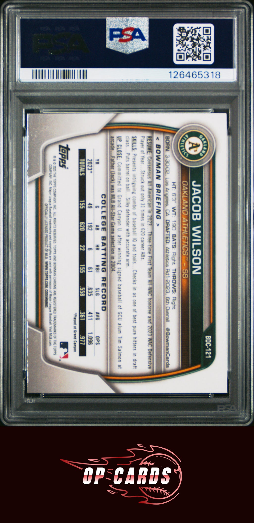 Jacob Wilson 2023 Bowman Draft #BDC121 Chrome PSA 10