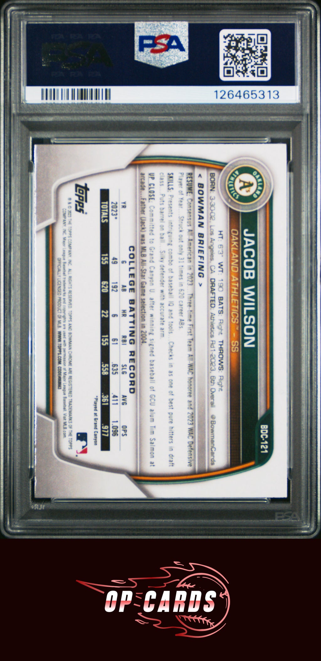 Jacob Wilson 2023 Bowman Draft #BDC121 Chrome PSA 10