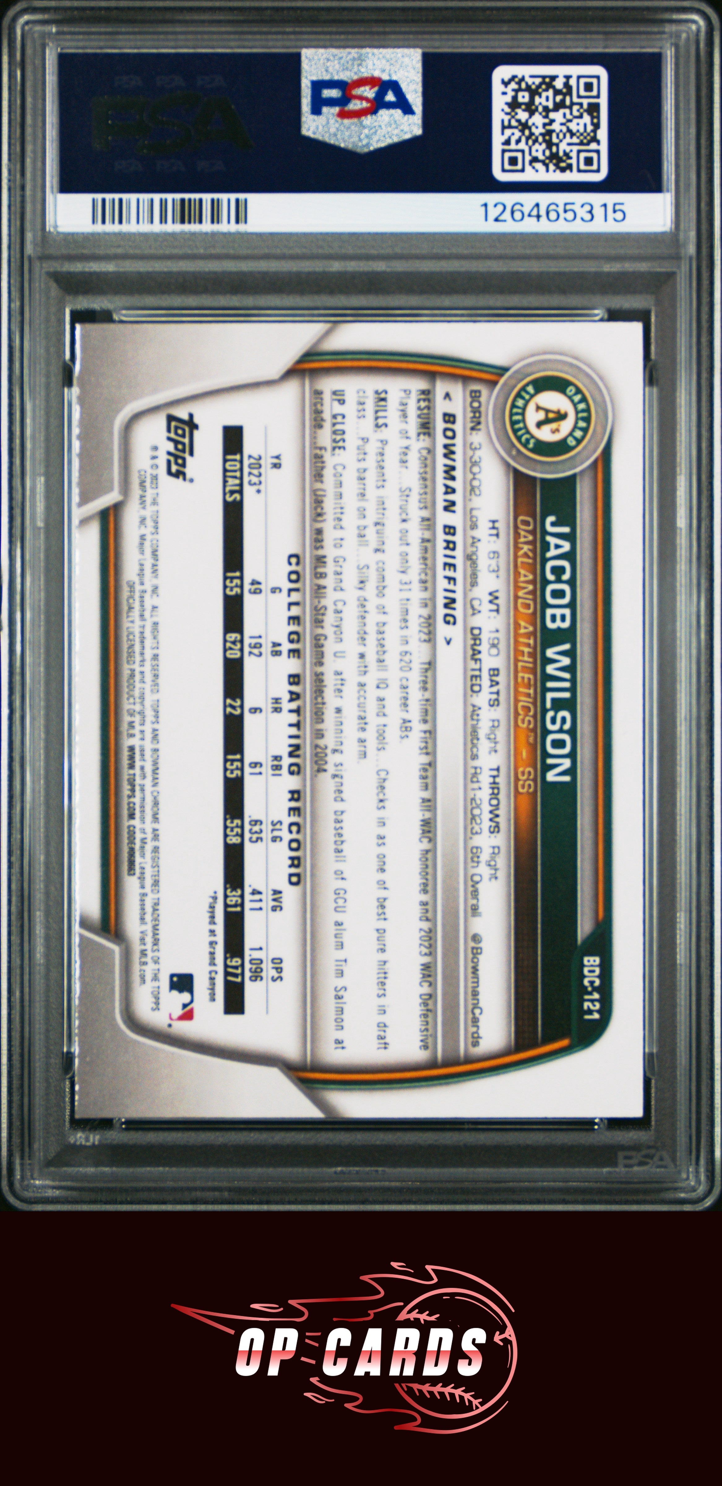 Jacob Wilson 2023 Bowman Draft #BDC121 Chrome PSA 10