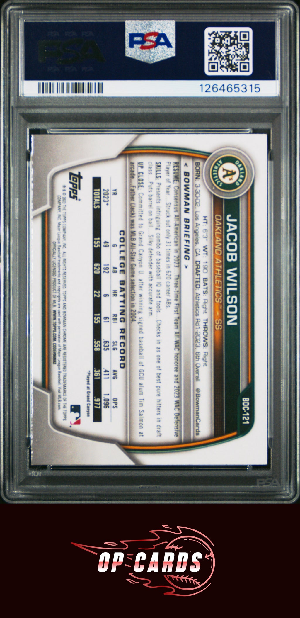Jacob Wilson 2023 Bowman Draft #BDC121 Chrome PSA 10