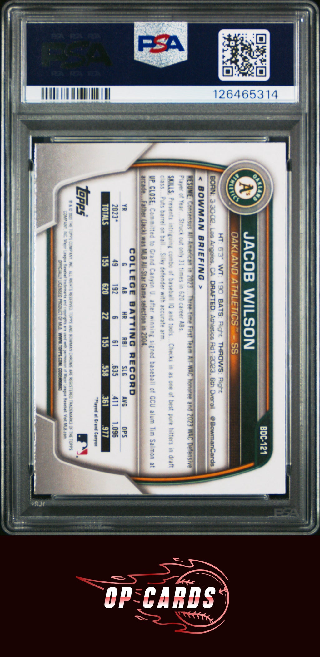 Jacob Wilson 2023 Bowman Draft #BDC121 Chrome PSA 10