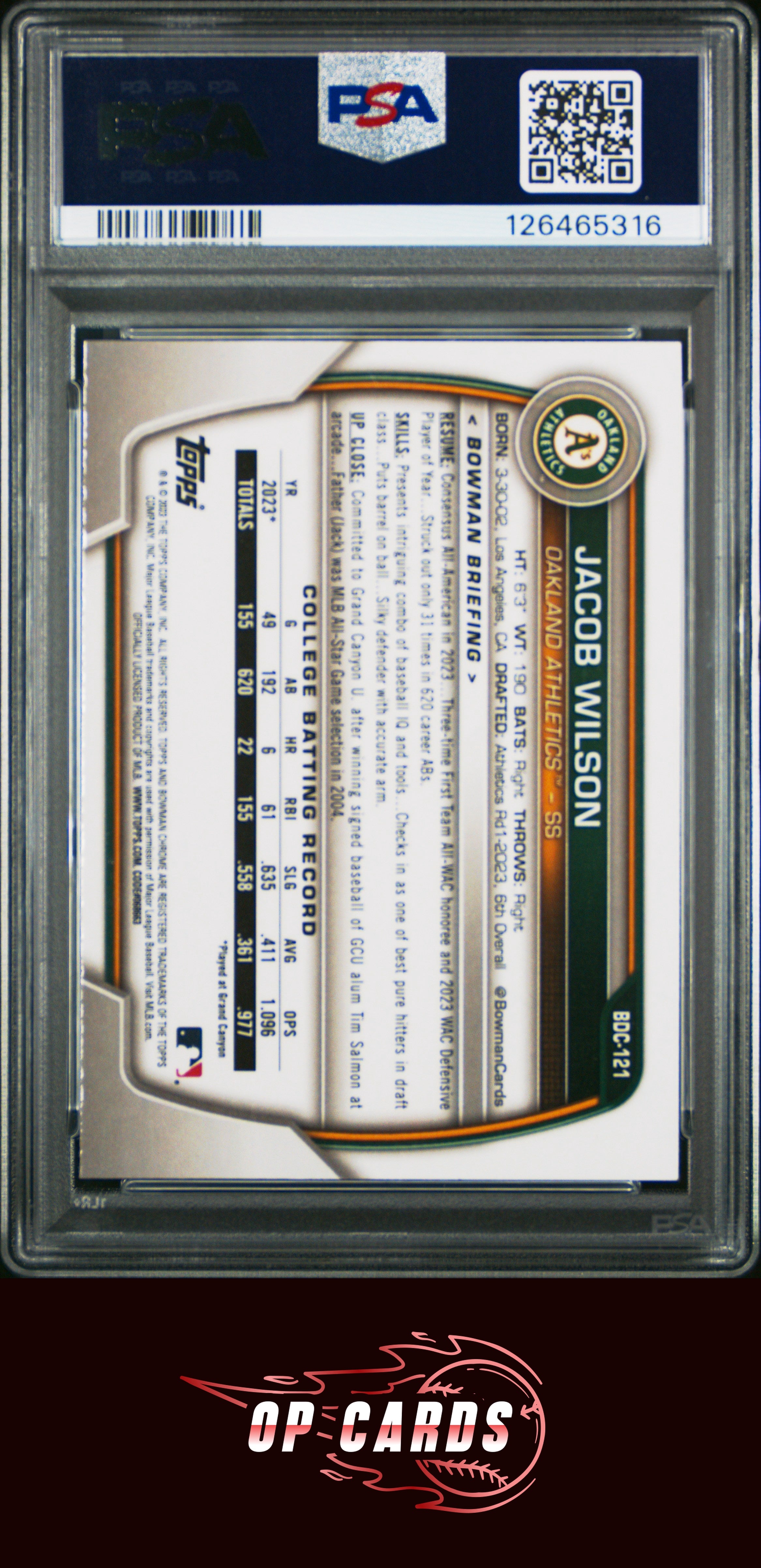 Jacob Wilson 2023 Bowman Draft #BDC121 Chrome PSA 10