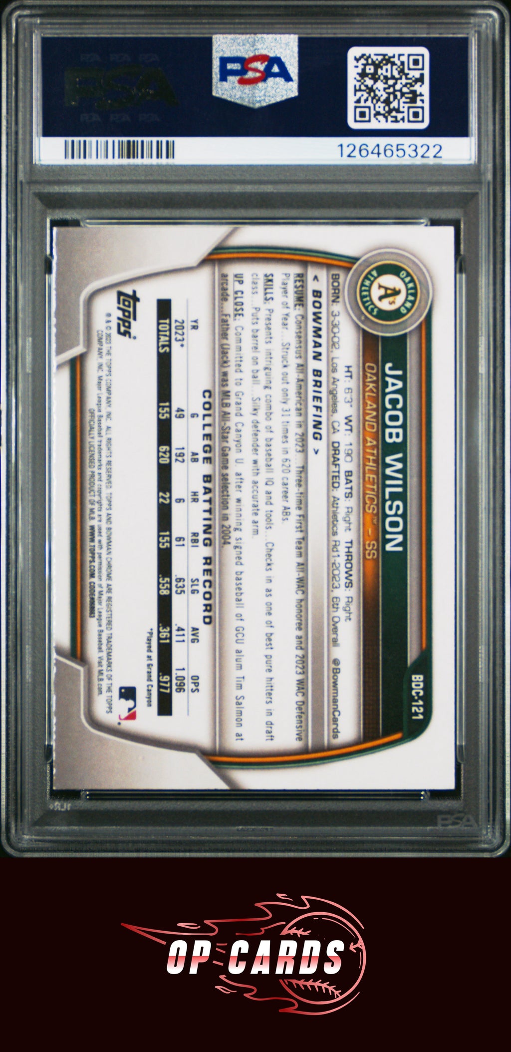 Jacob Wilson 2023 Bowman Draft #BDC121 Chrome PSA 10