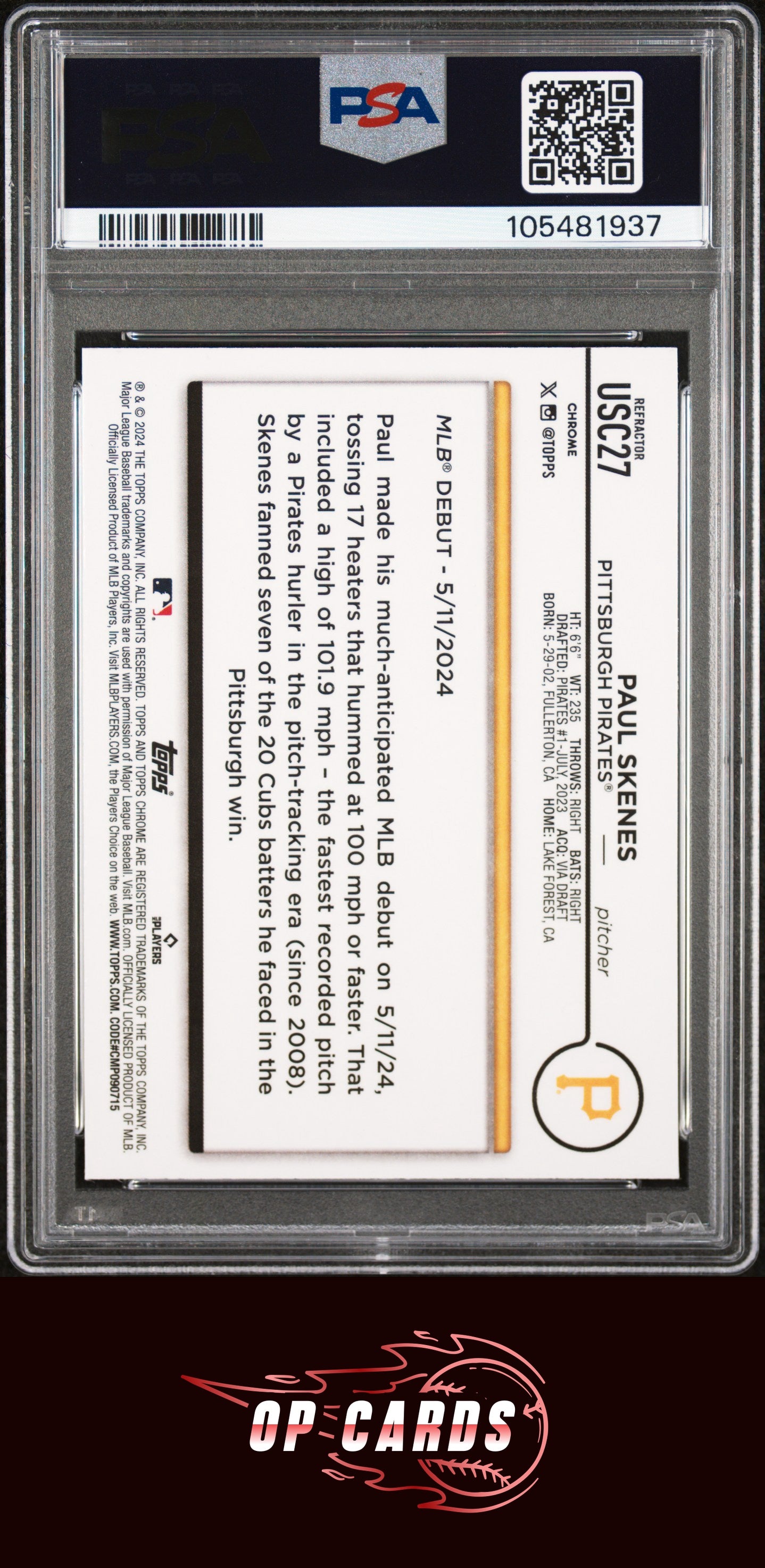 Paul Skenes 2024 Topps Chrome Update #USC27 Prism Refractor PSA 9