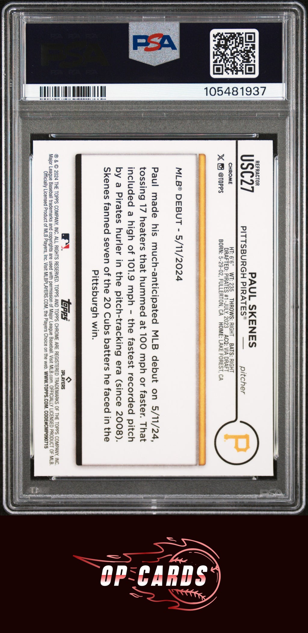 Paul Skenes 2024 Topps Chrome Update #USC27 Prism Refractor PSA 9