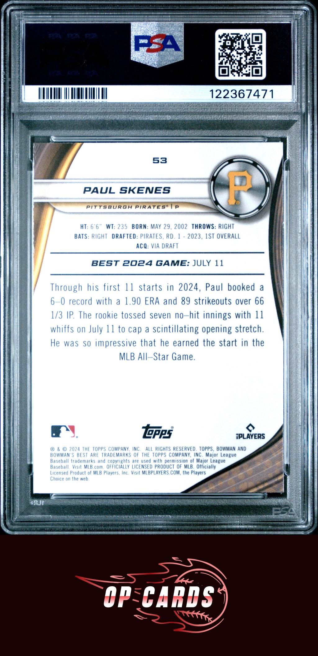 Paul Skenes 2024 Bowman'S Best #53 PSA 10