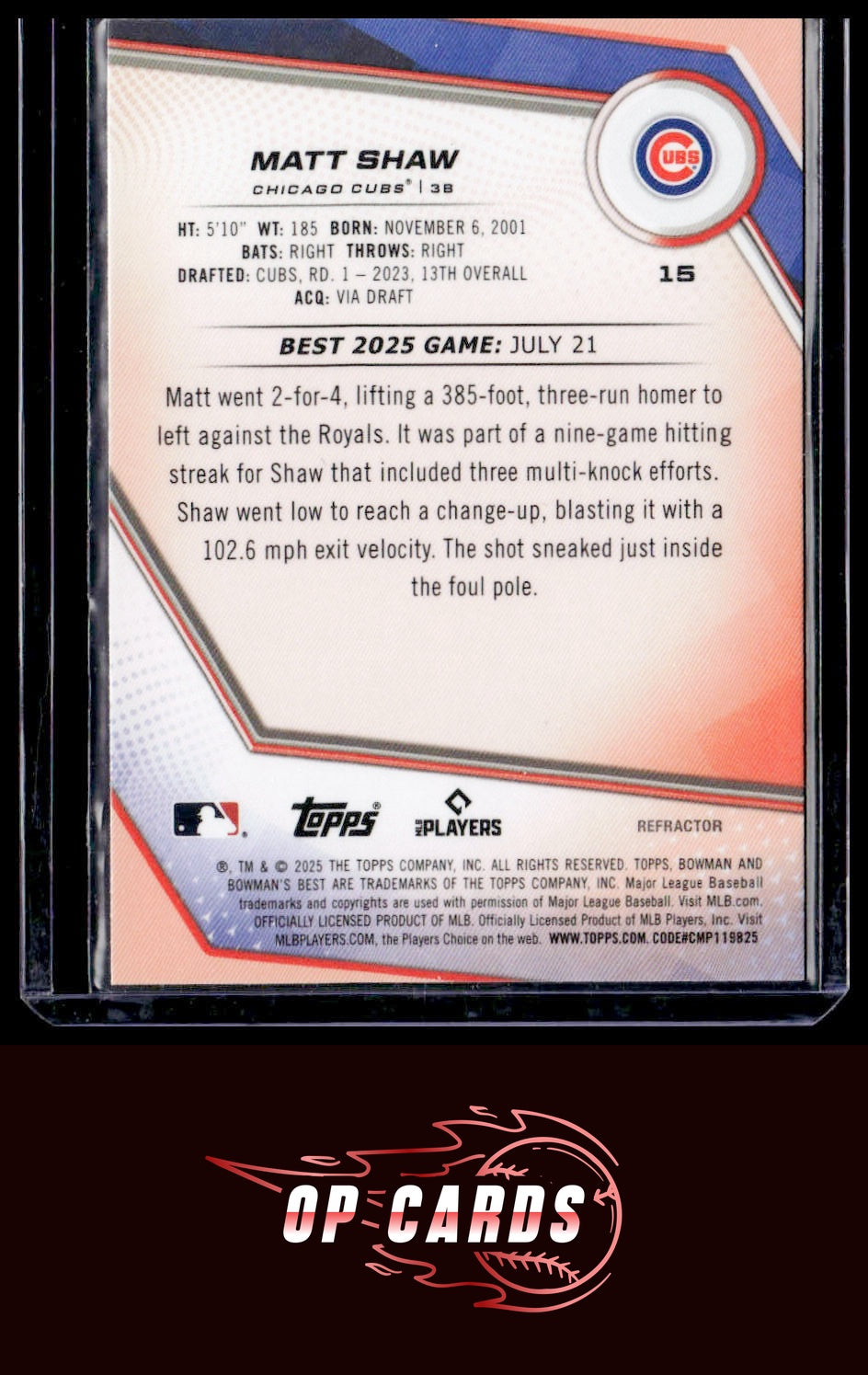 Matt Shaw 2025 Bowman's Best #15 Refractors