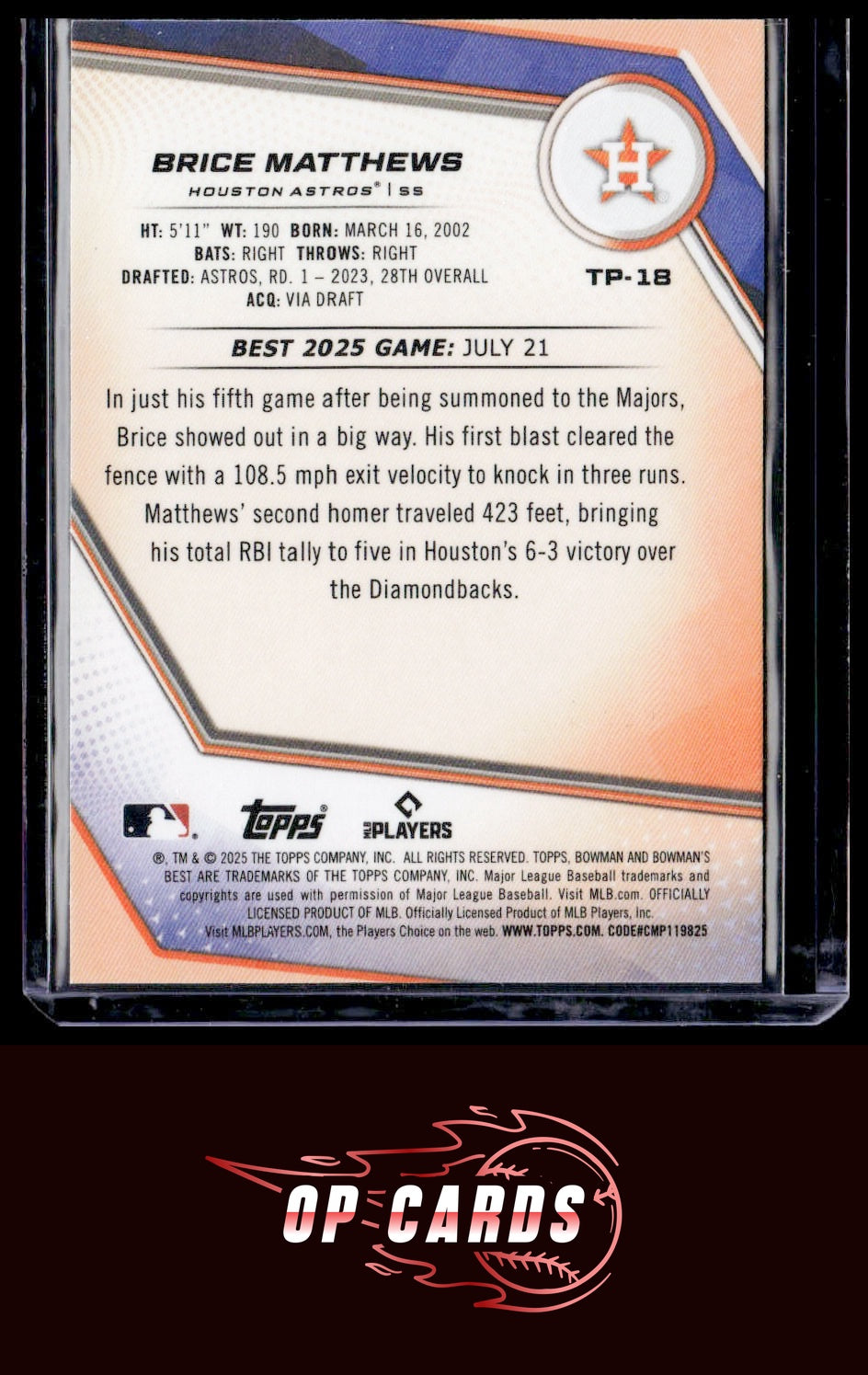Brice Matthews 2025 Bowman's Best #TP-18 Blue Refractors #/150