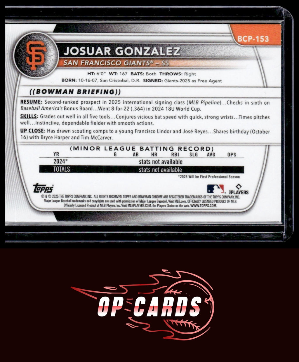 Josuar Gonzalez 2025 Bowman Chrome #BCP-153 Prospects Mojo
