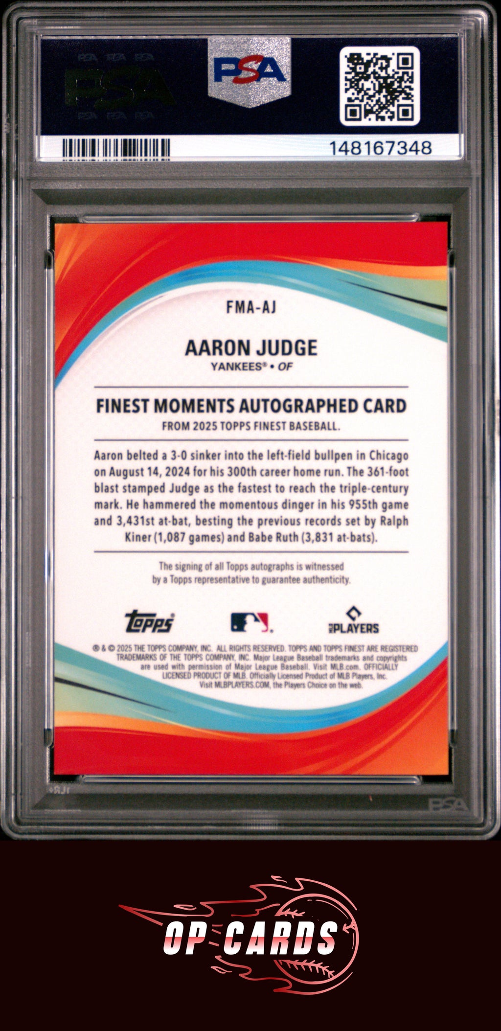 Aaron Judge 2025 Topps Finest Finest Moments Autograph Red Refractor /5 PSA 10