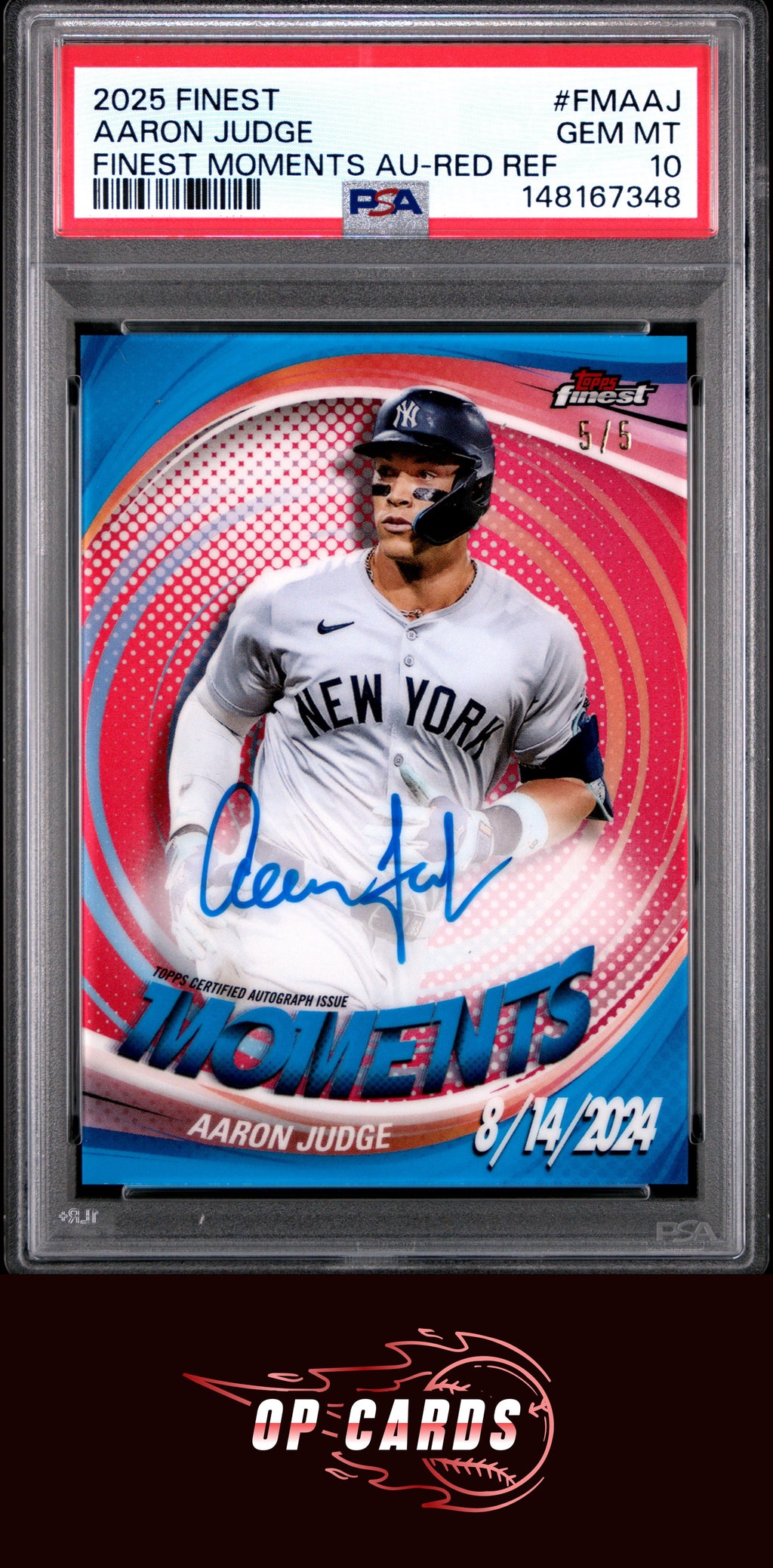 Aaron Judge 2025 Topps Finest Finest Moments Autograph Red Refractor /5 PSA 10