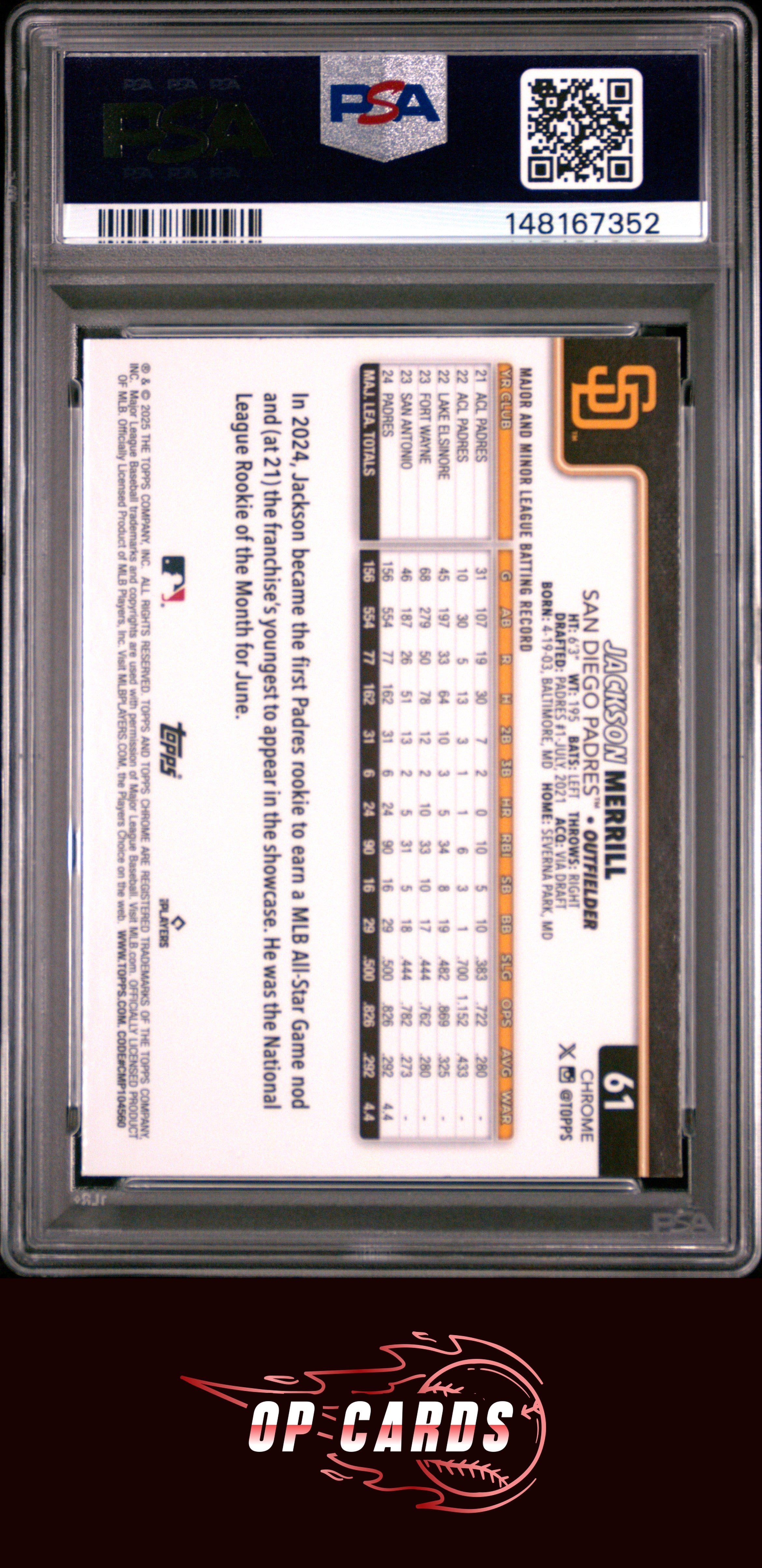 Jackson Merrill 2025 Topps Chrome #61 Image Variation Refractor PSA 9