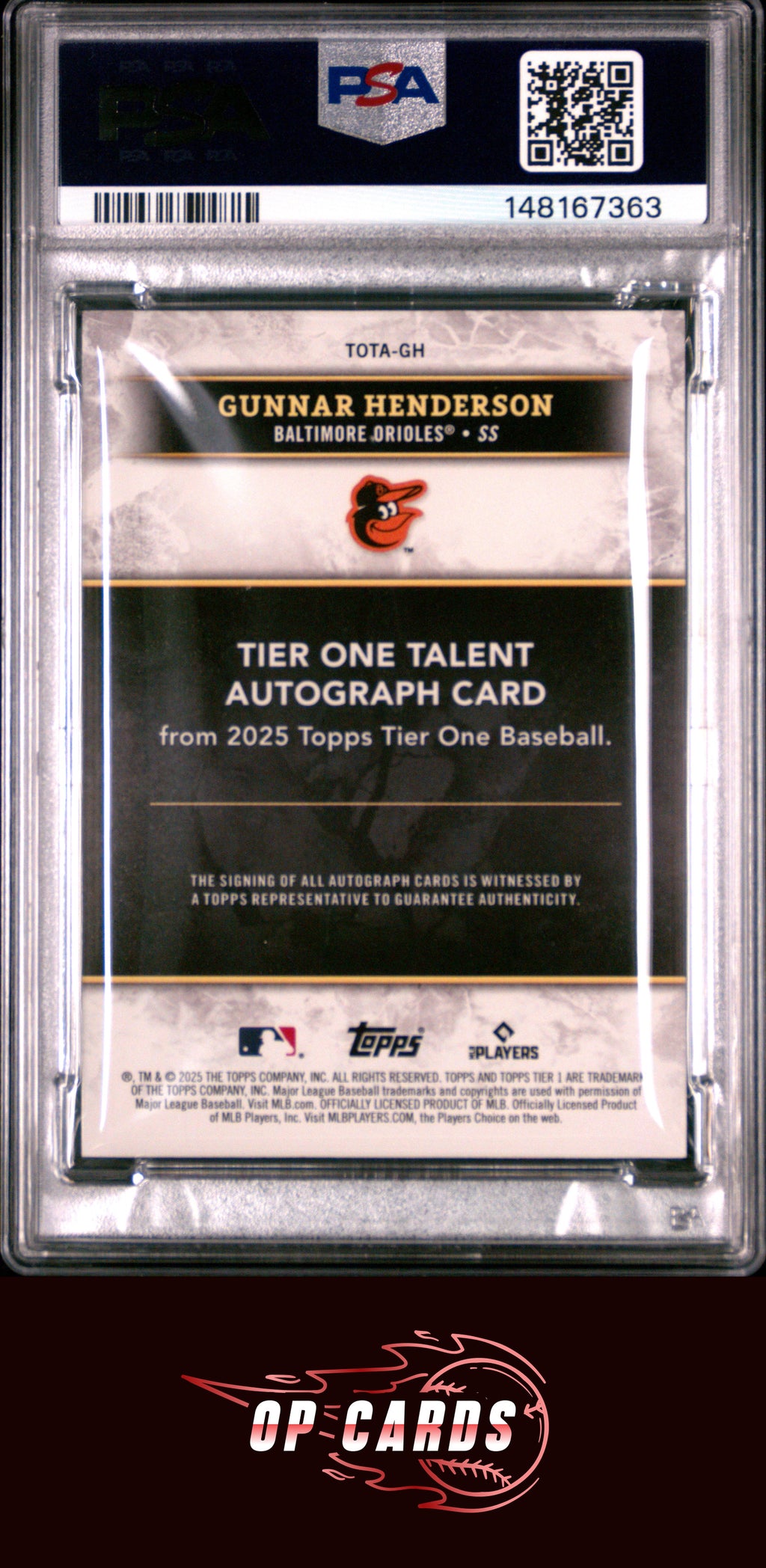 Gunnar Henderson 2025 Topps Tier One #TOTA-GH Talent Autograph /25 PSA 8