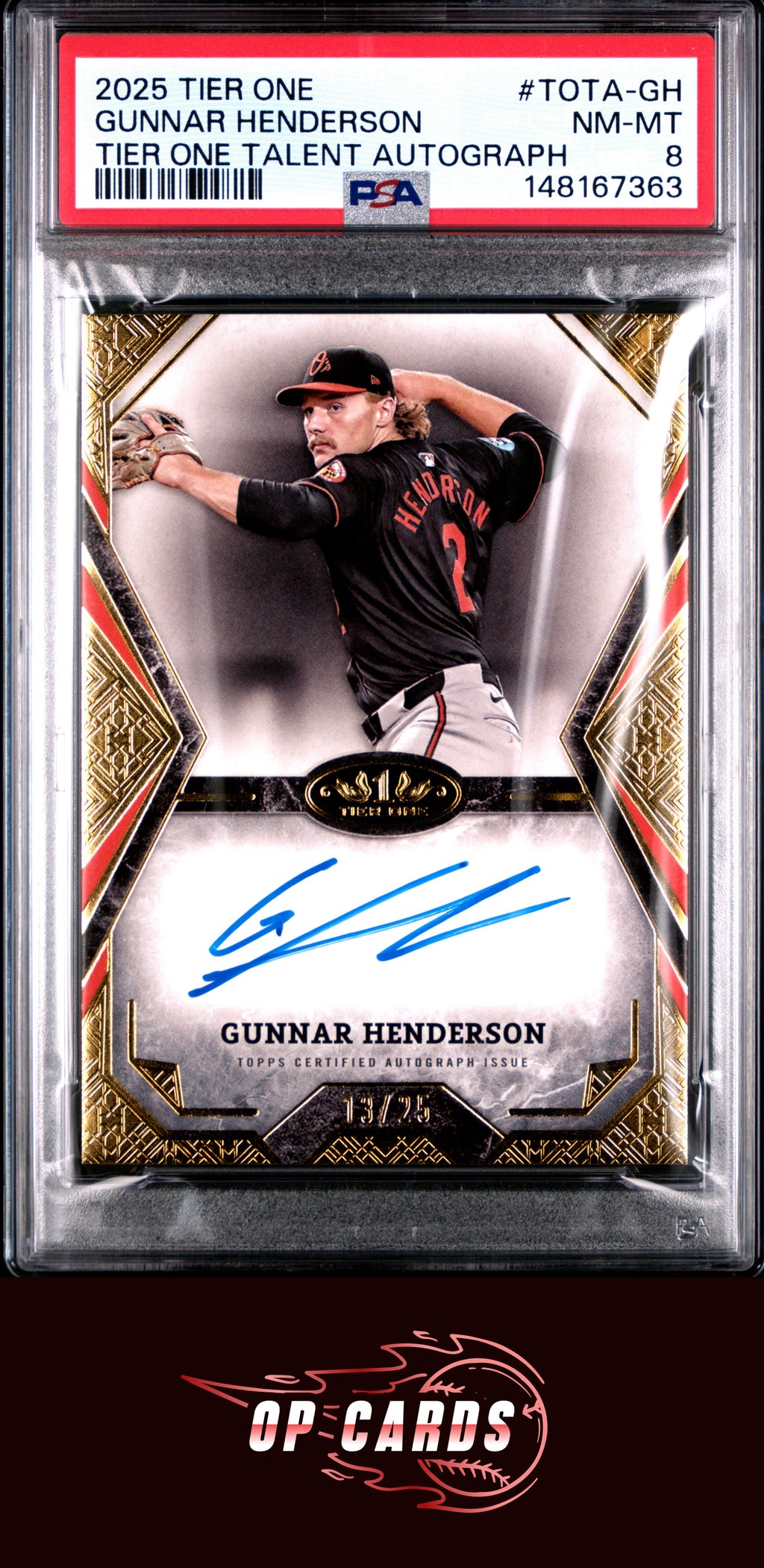 Gunnar Henderson 2025 Topps Tier One #TOTA-GH Talent Autograph /25 PSA 8