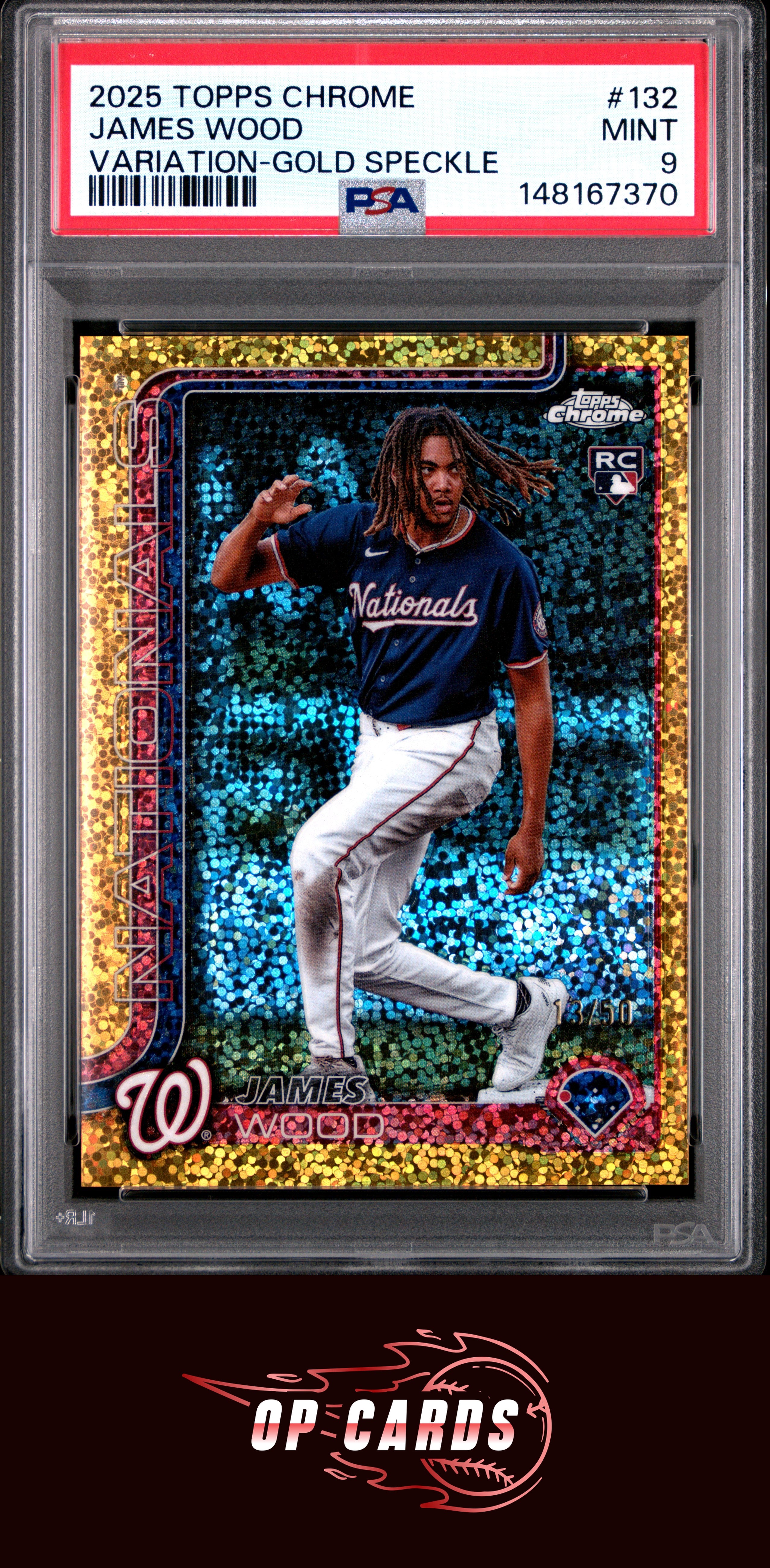 James Wood 2025 Topps Chrome #132 Image Var Gold Speckle Refractor PSA 9 /50