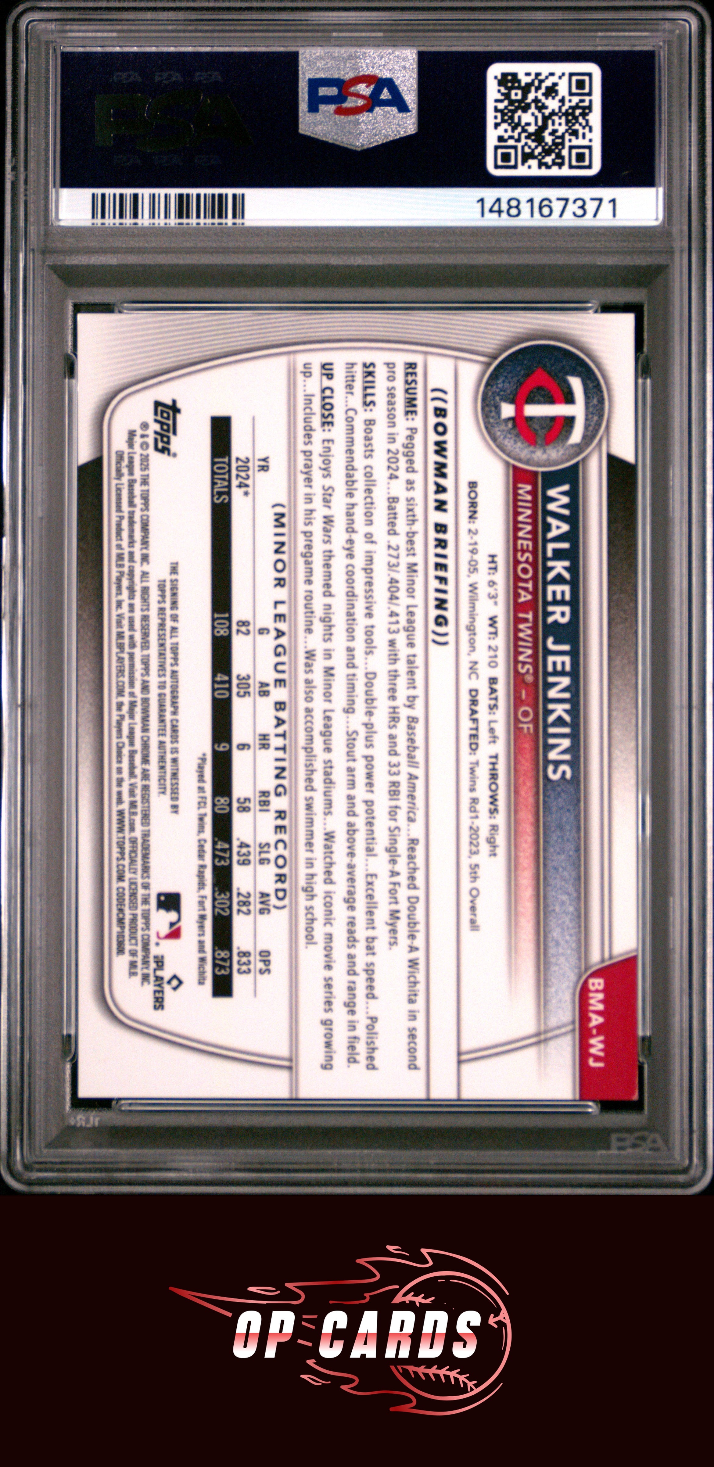 Walker Jenkins 2025 Bowman Chrome Mojo Prospects Autograph Green /99 PSA 8