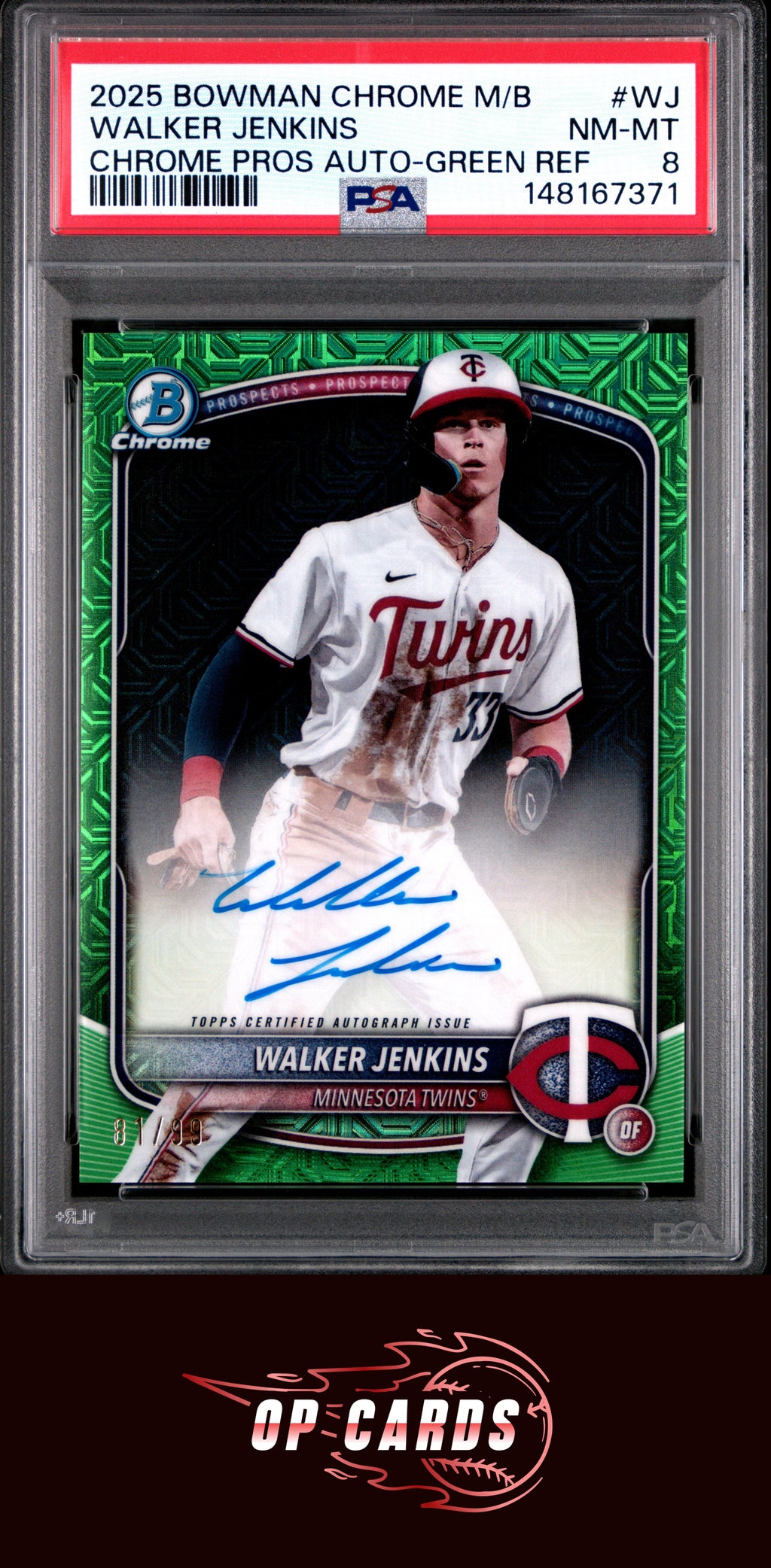 Walker Jenkins 2025 Bowman Chrome Mojo Prospects Autograph Green /99 PSA 8
