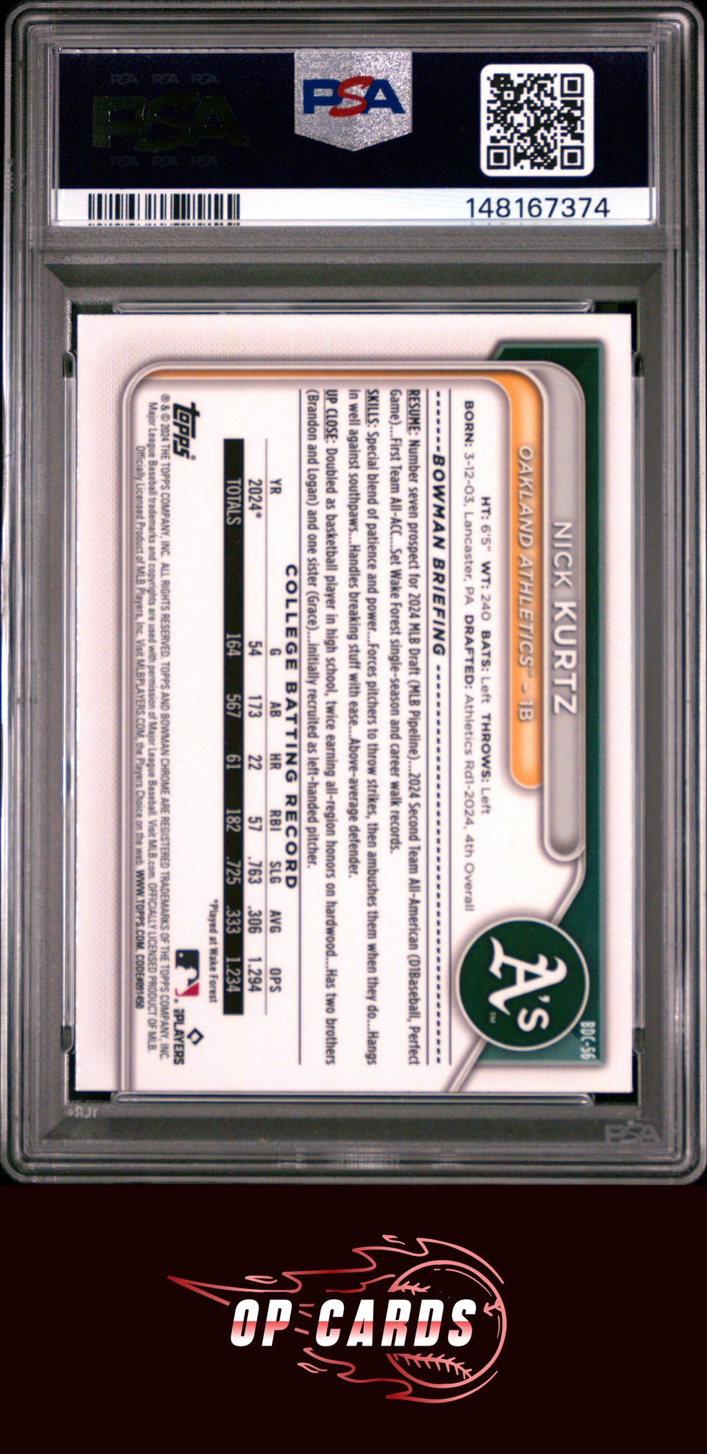Nick Kurtz 2024 Bowman Draft #BDC56 Chrome PSA 9