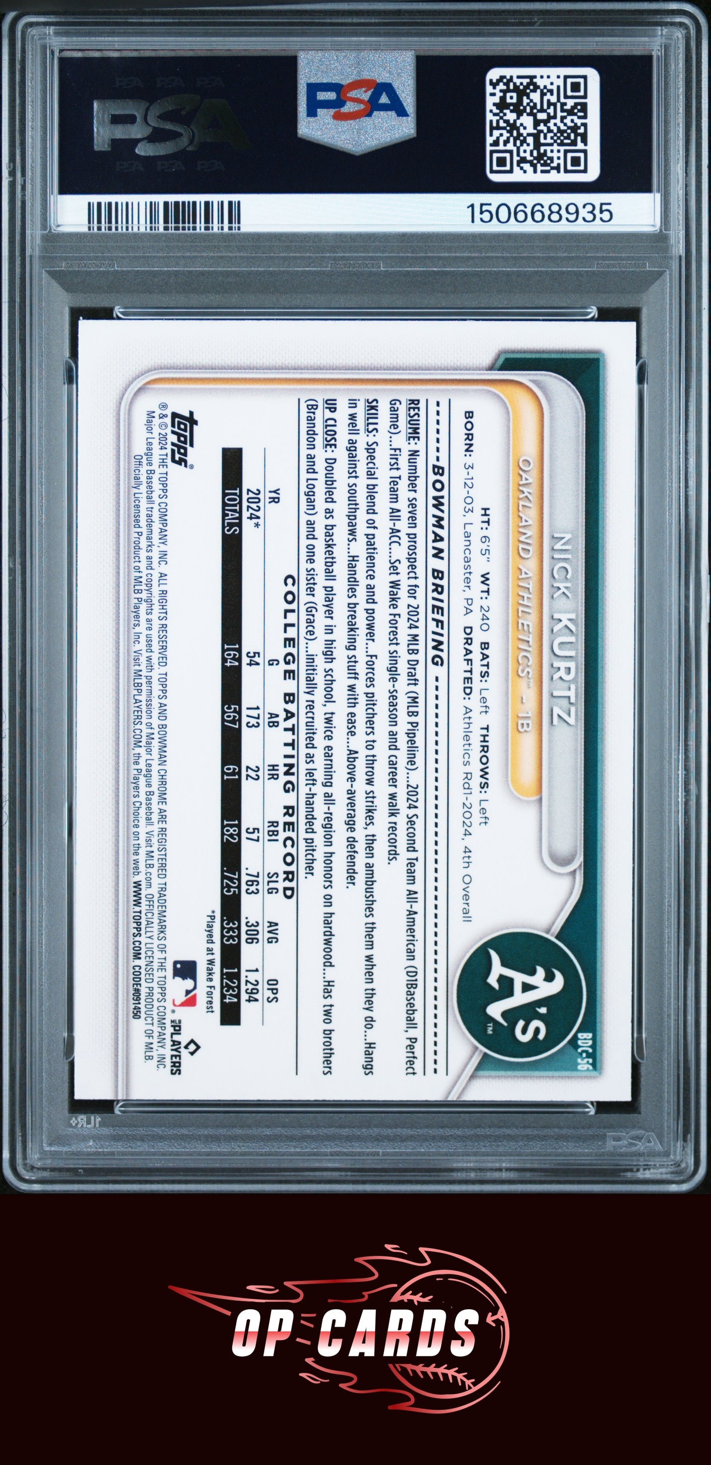 Nick Kurtz 2024 Bowman Draft #BDC56 Chrome PSA 10
