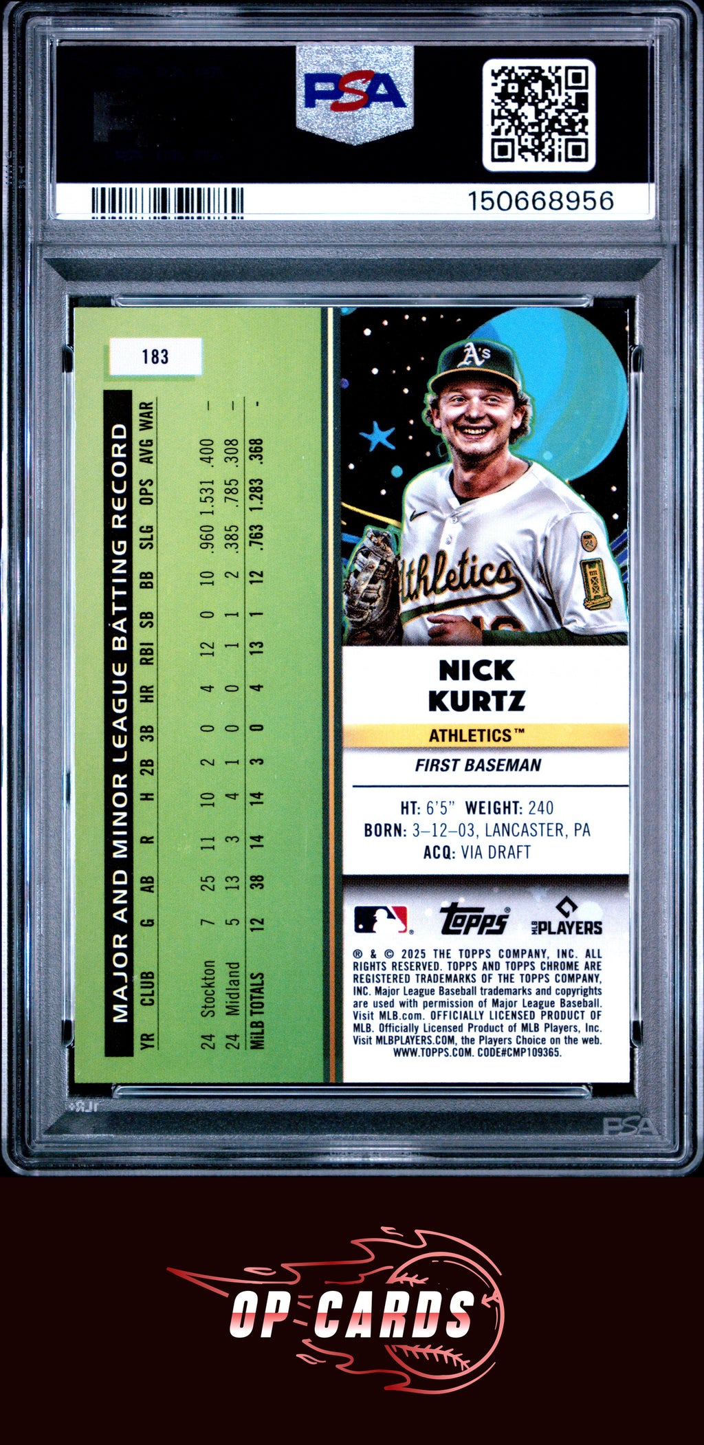 Nick Kurtz 2025 Topps Cosmic Chrome #183 Blue Moon PSA 8 /99