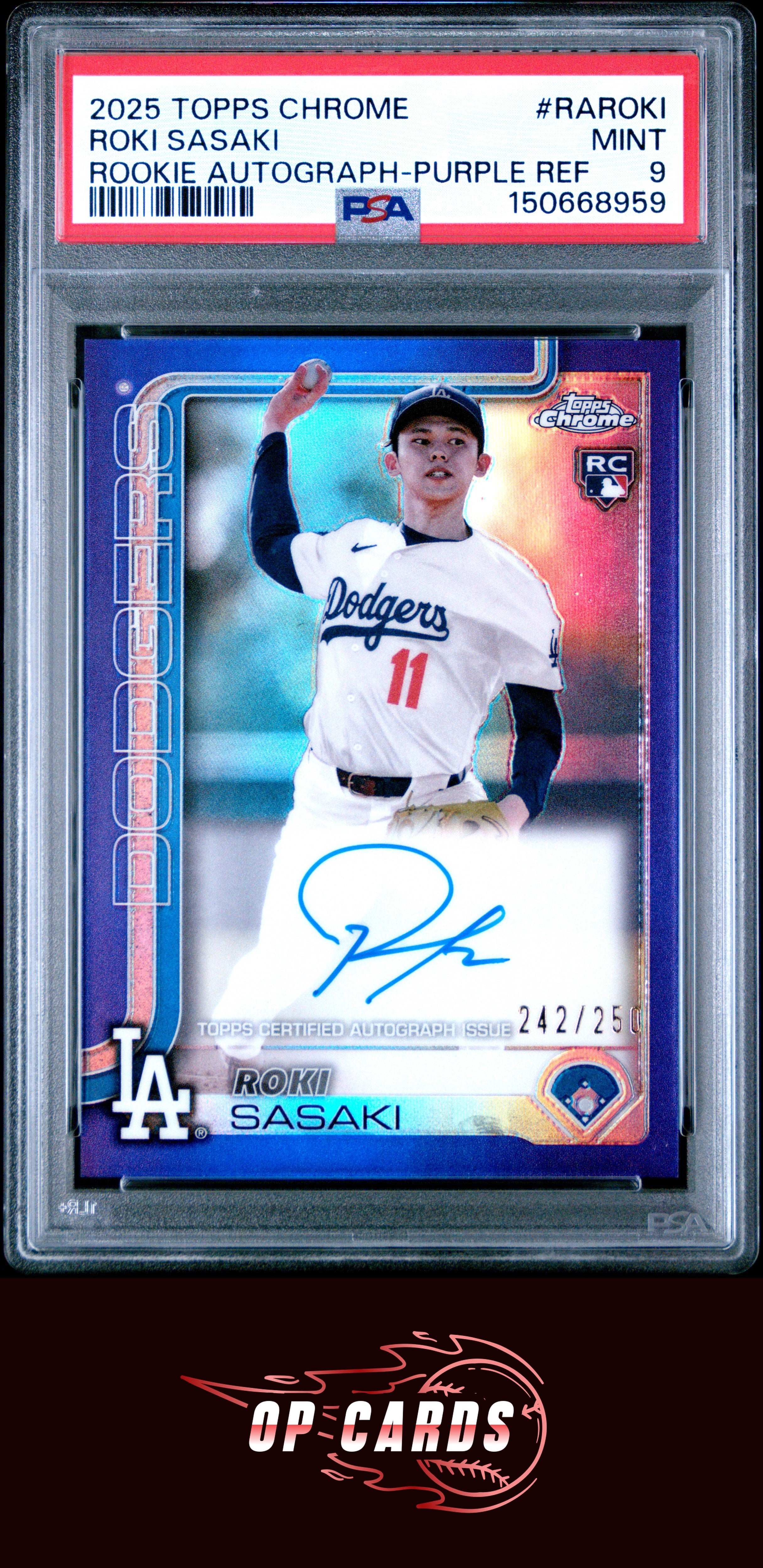 Roki Sasaki 2025 Topps Chrome Rookie Autograph Purple Refractor /250 PSA 9